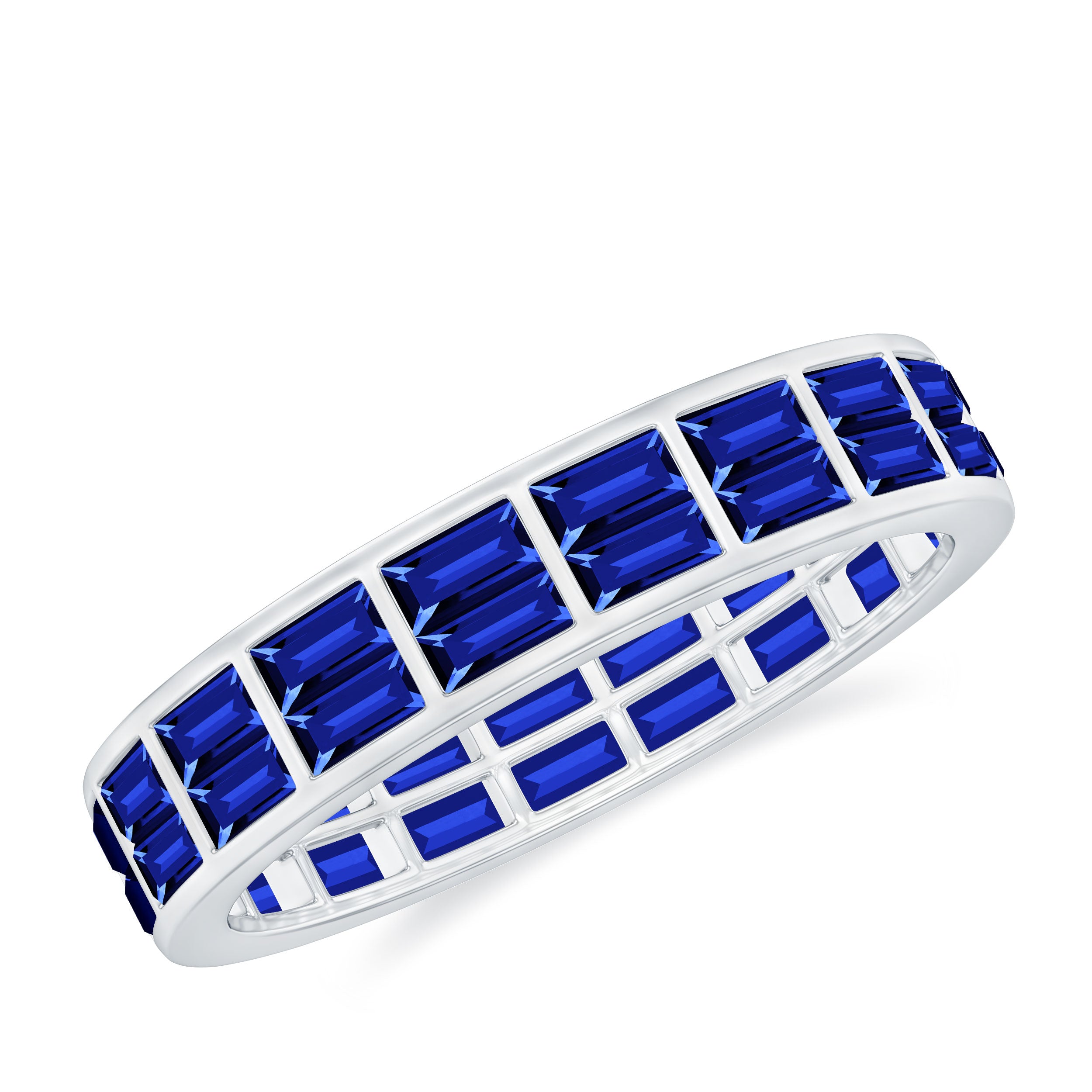 Rosec Jewels-Baguette Cut Created Blue Sapphire Two Row Eternity Band