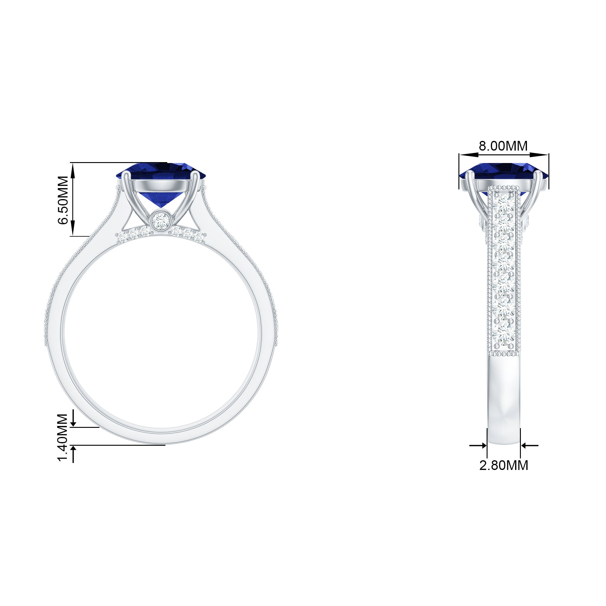 Rosec Jewels-2.50 CT Created Blue Sapphire Solitaire Engagement Ring with Diamond and Milgrain Detailing