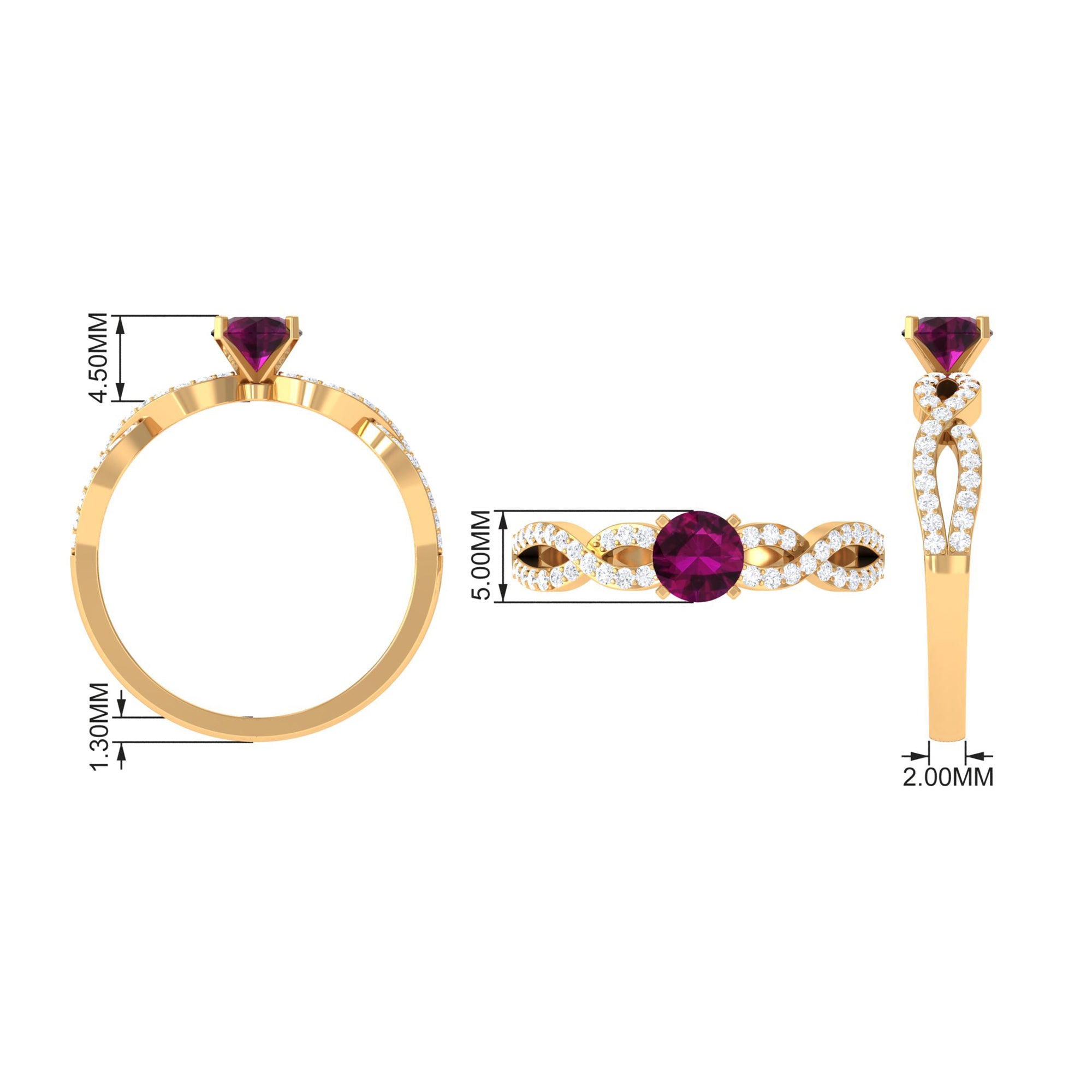 1 CT Round Shape Rhodolite and Diamond Criss Cross Ring Rhodolite - ( AAA ) - Quality - Rosec Jewels