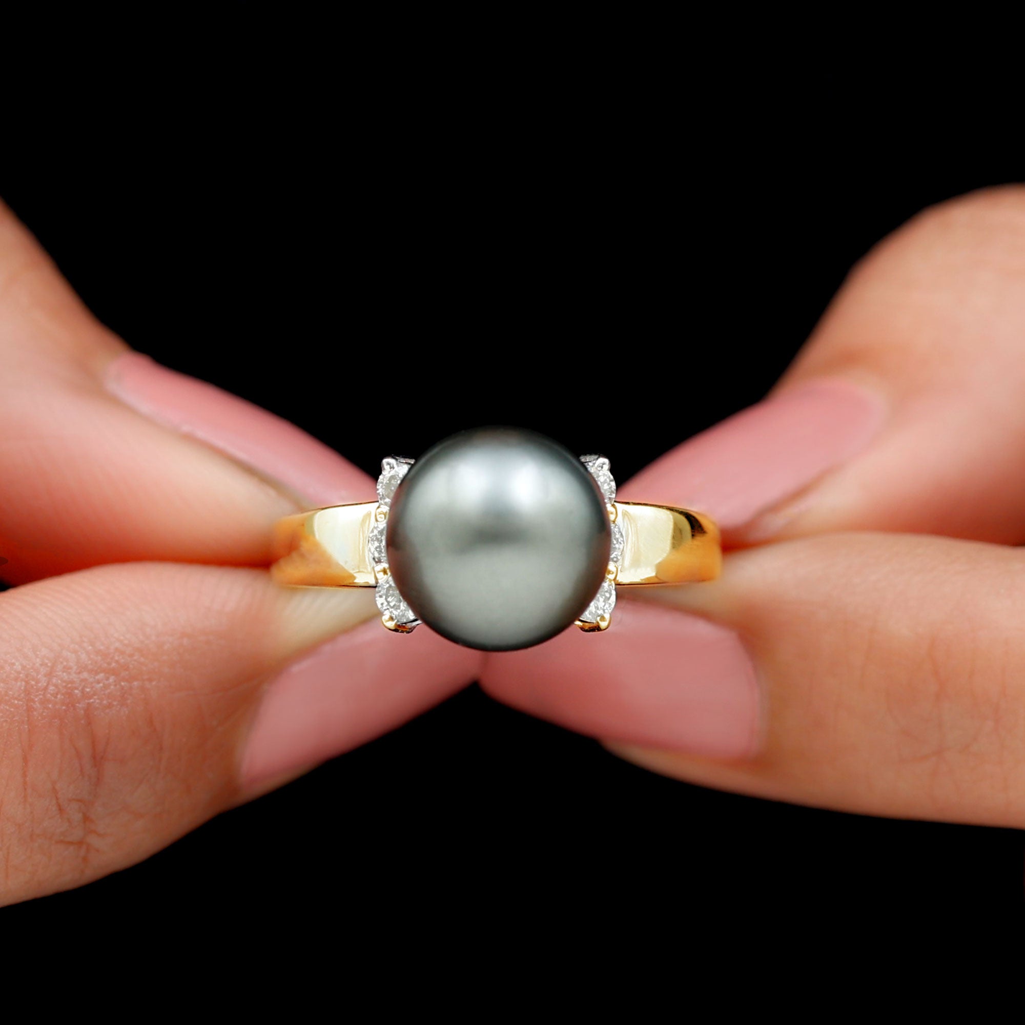 8 CT Real Tahitian Pearl Solitaire Ring with Diamond Tahitian pearl - ( AAA ) - Quality - Rosec Jewels