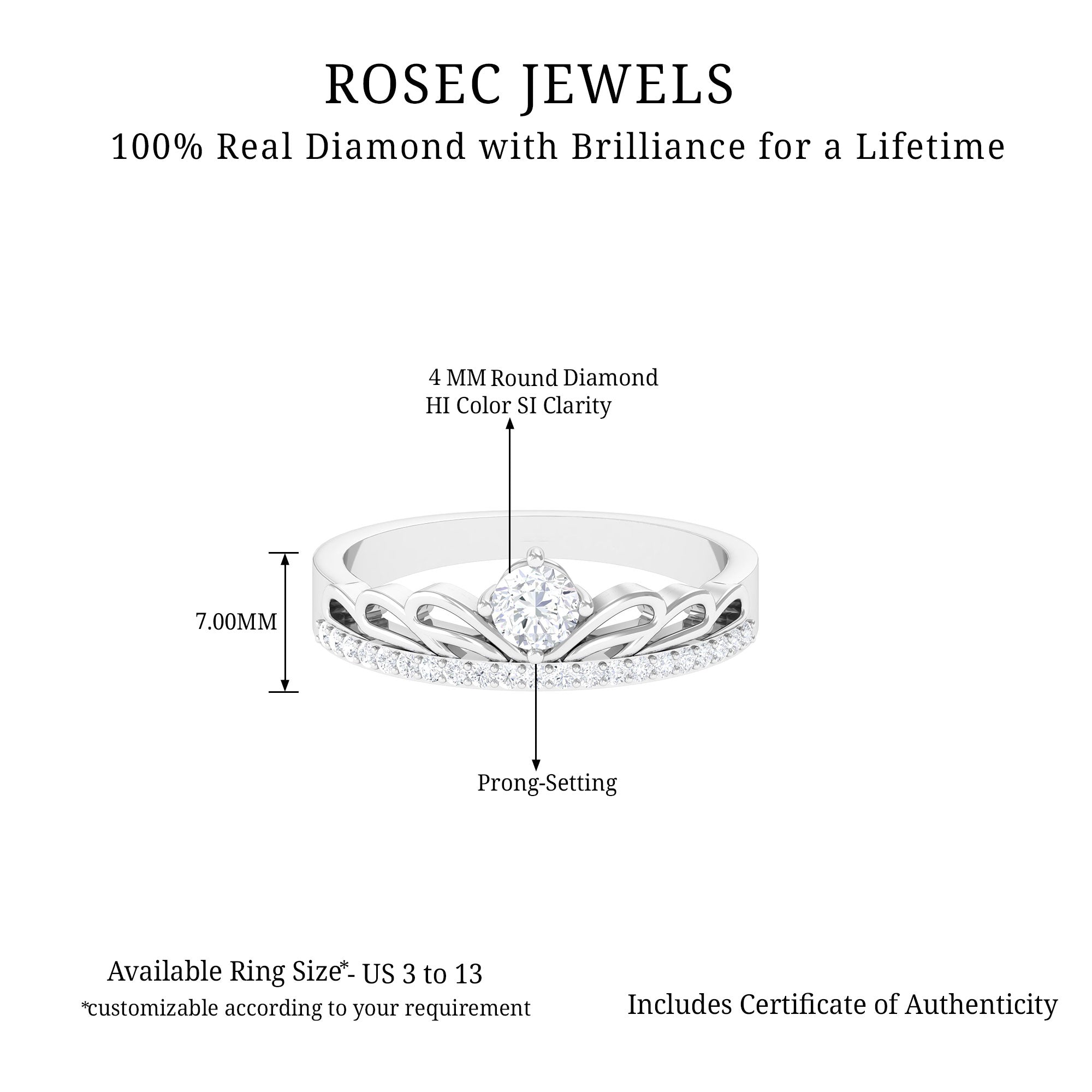 Round Shape Diamond Crown Band Ring Diamond - ( HI-SI ) - Color and Clarity - Rosec Jewels