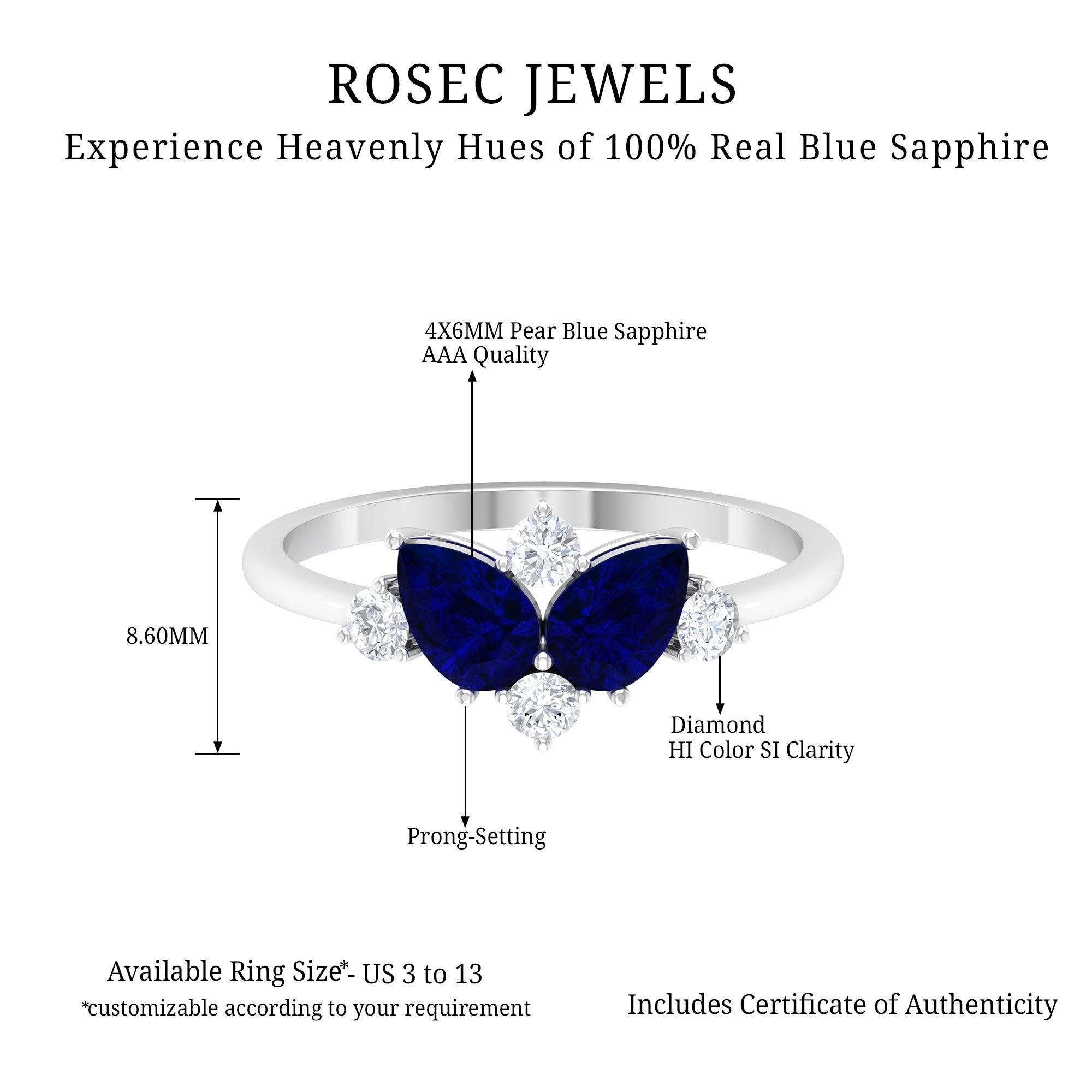 Pear Shape Blue Sapphire and Diamond Cluster Promise Ring Blue Sapphire - ( AAA ) - Quality - Rosec Jewels