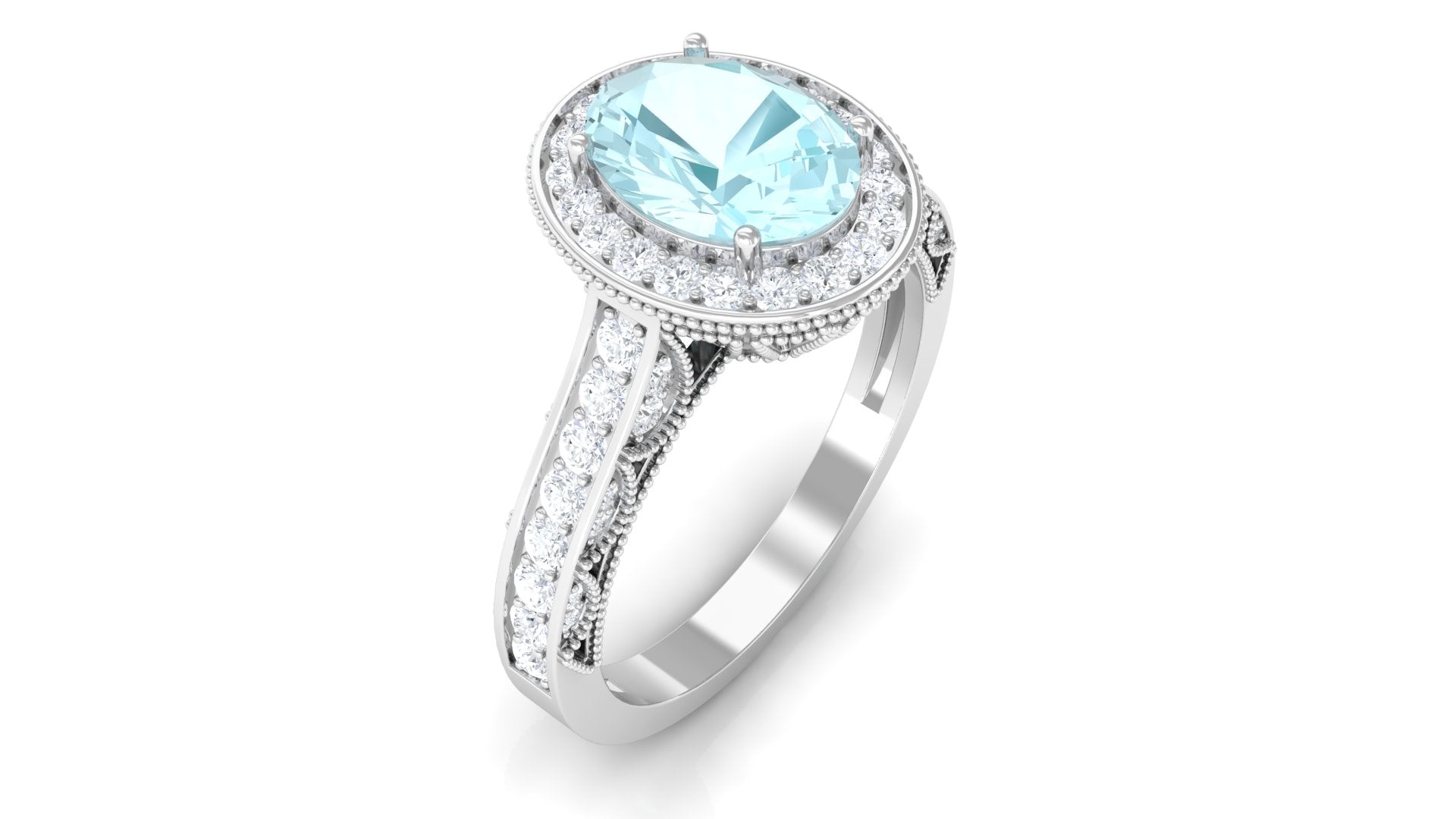 2 CT Oval Sky Blue Topaz Vintage Engagement Ring with Moissanite Halo Sky Blue Topaz - ( AAA ) - Quality - Rosec Jewels