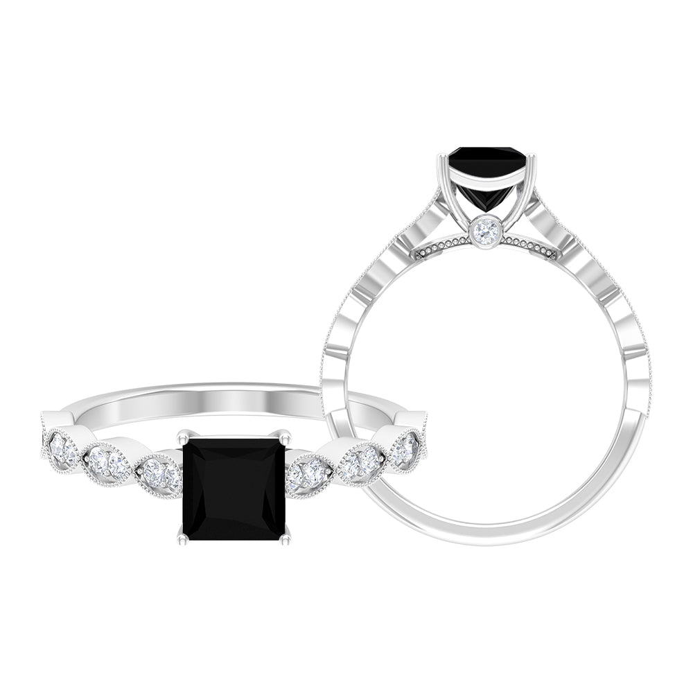 Princess Cut Black Onyx Ring With Diamond Black Onyx - ( AAA ) - Quality - Rosec Jewels