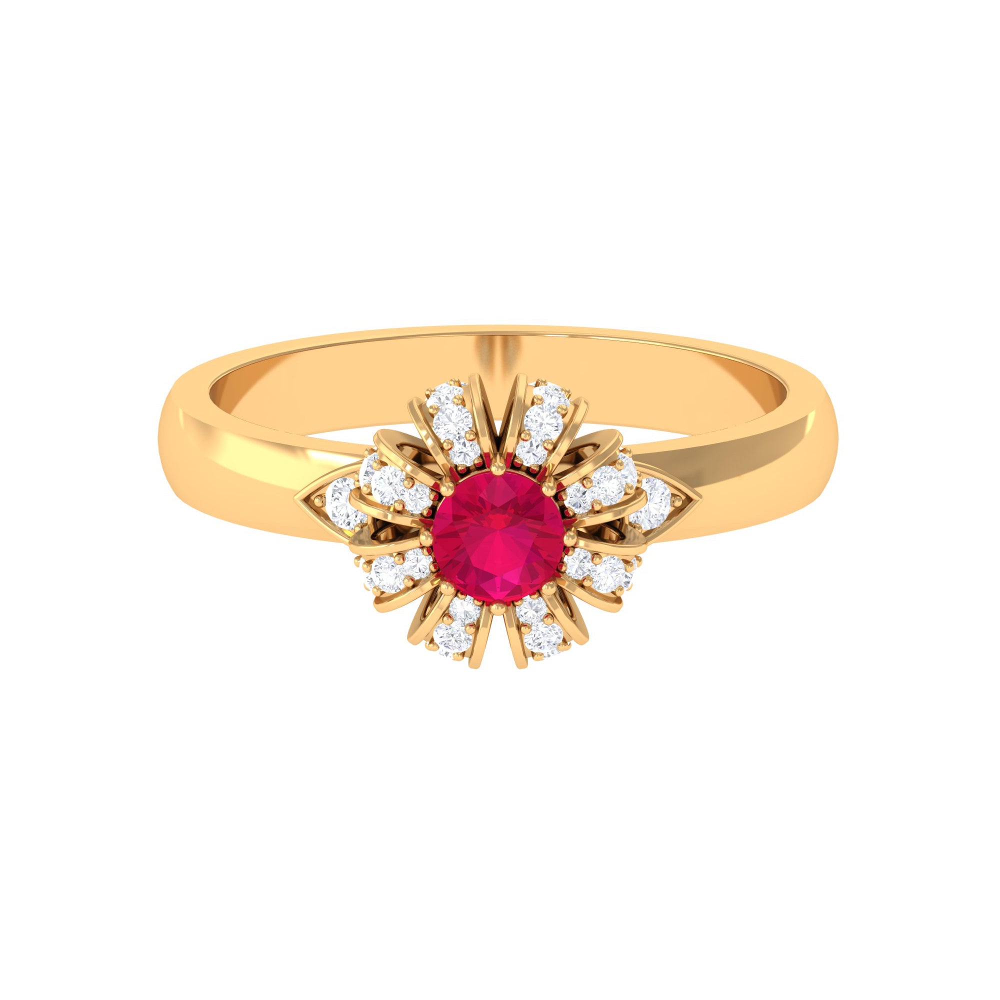 3/4 CT Solitaire Ruby Flower Ring with Diamond Accent Ruby - ( AAA ) - Quality - Rosec Jewels