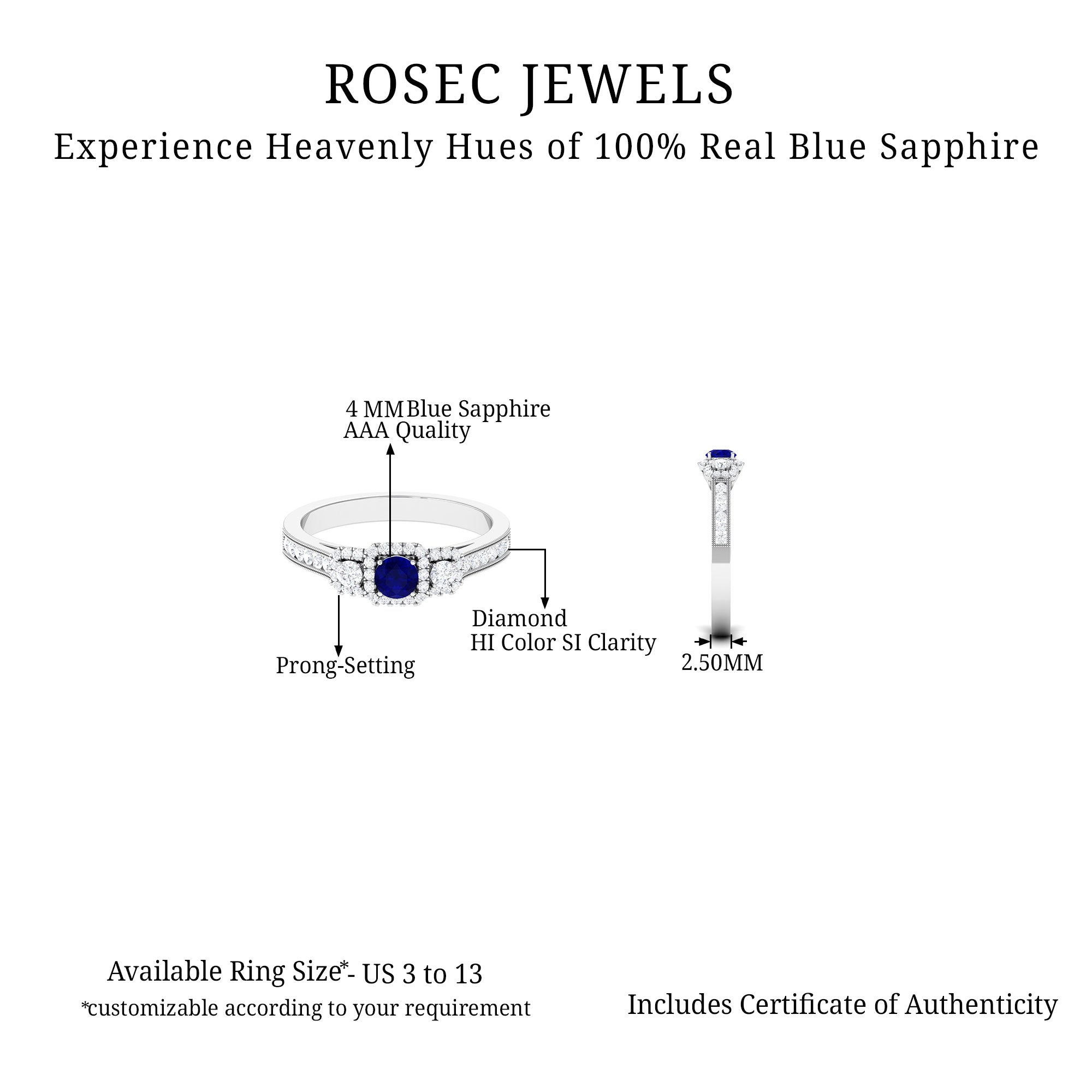 1 CT Vintage Inspired Blue Sapphire Engagement Ring with Diamond Blue Sapphire - ( AAA ) - Quality - Rosec Jewels