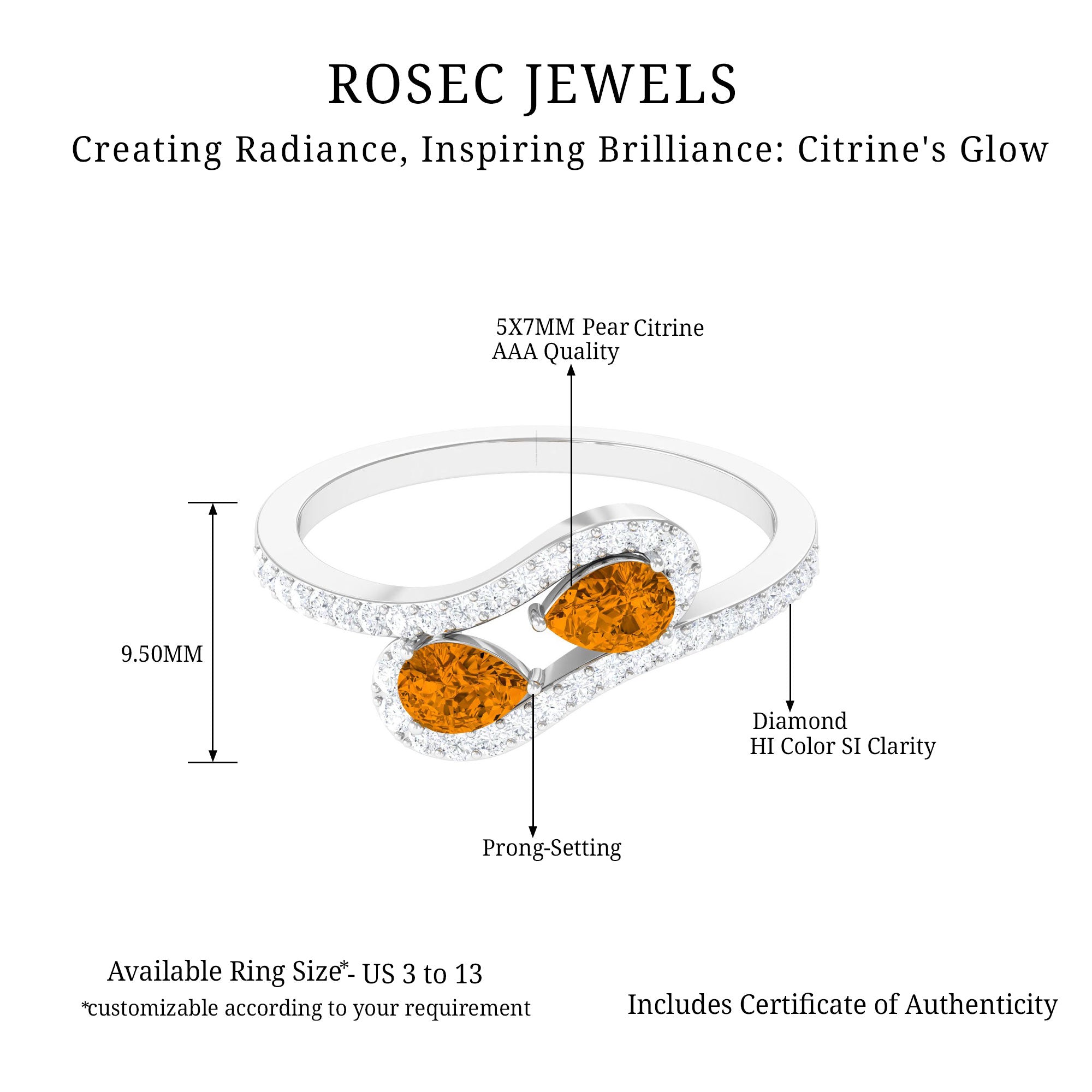 Pear Shape Citrine Two Stone Bypass Ring with Diamond Citrine - ( AAA ) - Quality - Rosec Jewels