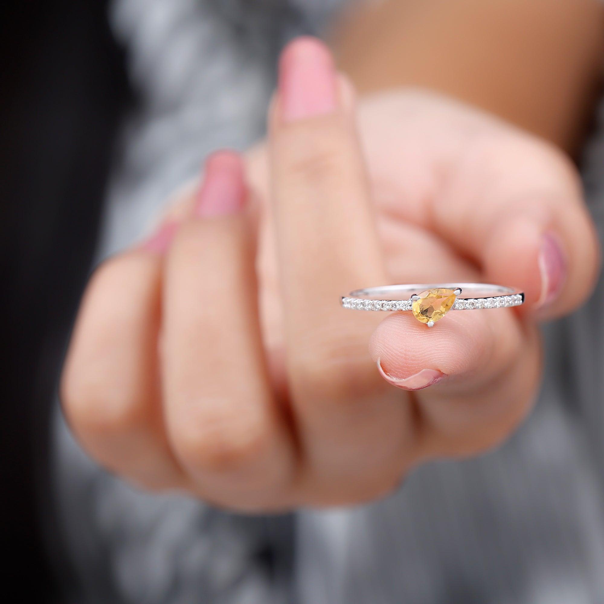 Real Citrine Solitaire Promise Ring with Diamond Side Stones Citrine - ( AAA ) - Quality - Rosec Jewels