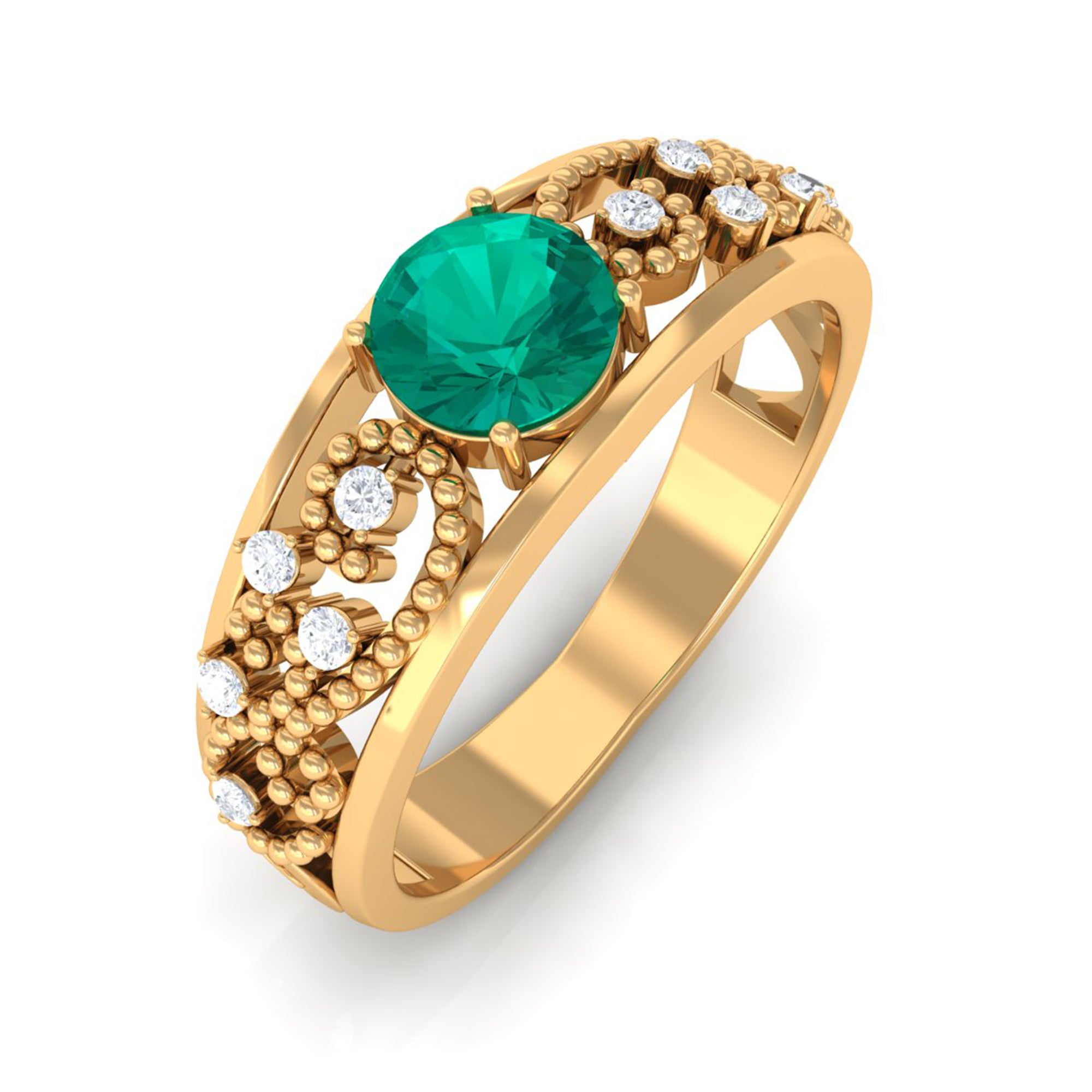 Solitaire Emerald and Diamond Vintage Band Ring Emerald - ( AAA ) - Quality - Rosec Jewels