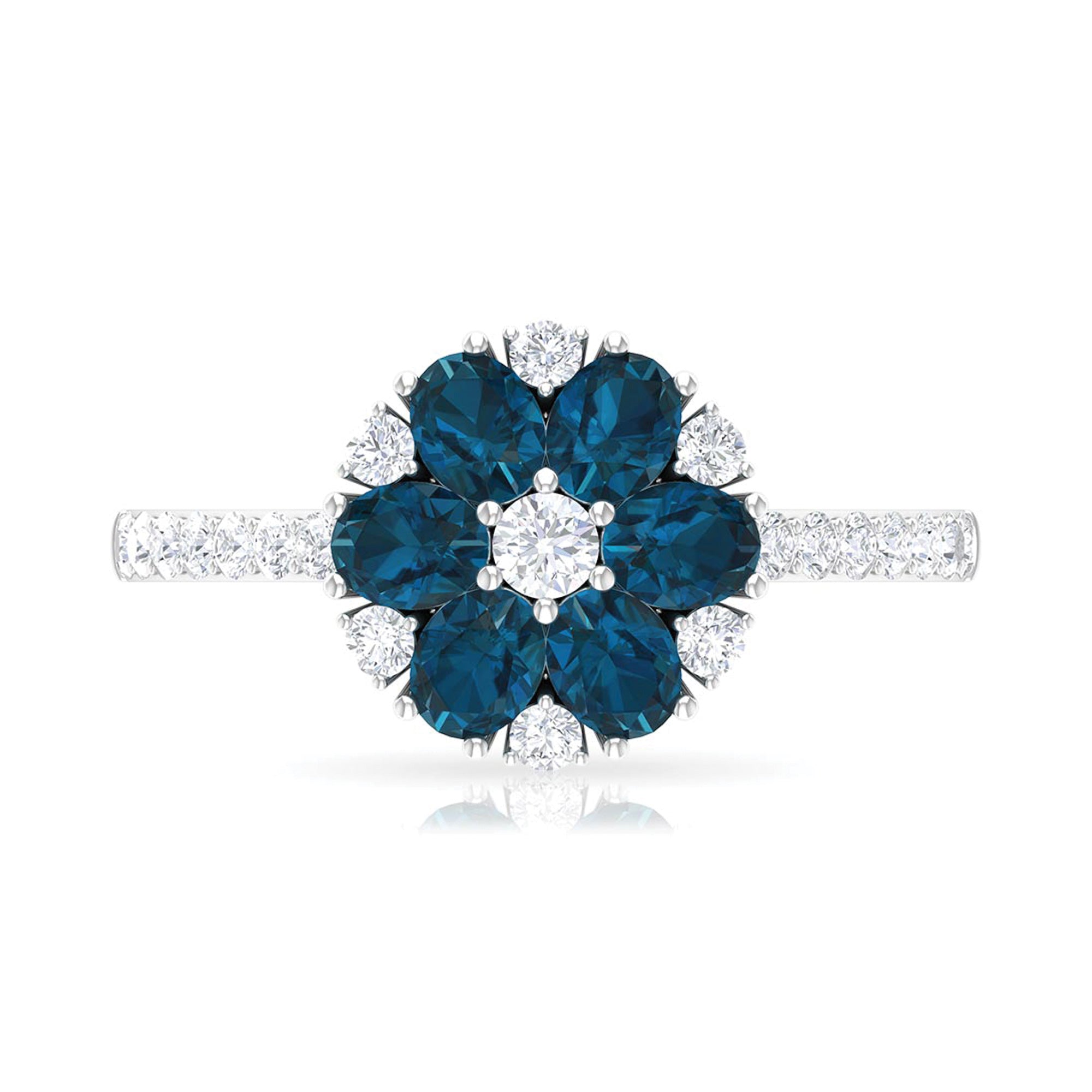 Natural London Blue Topaz and Diamond Flower Engagement Ring London Blue Topaz - ( AAA ) - Quality - Rosec Jewels