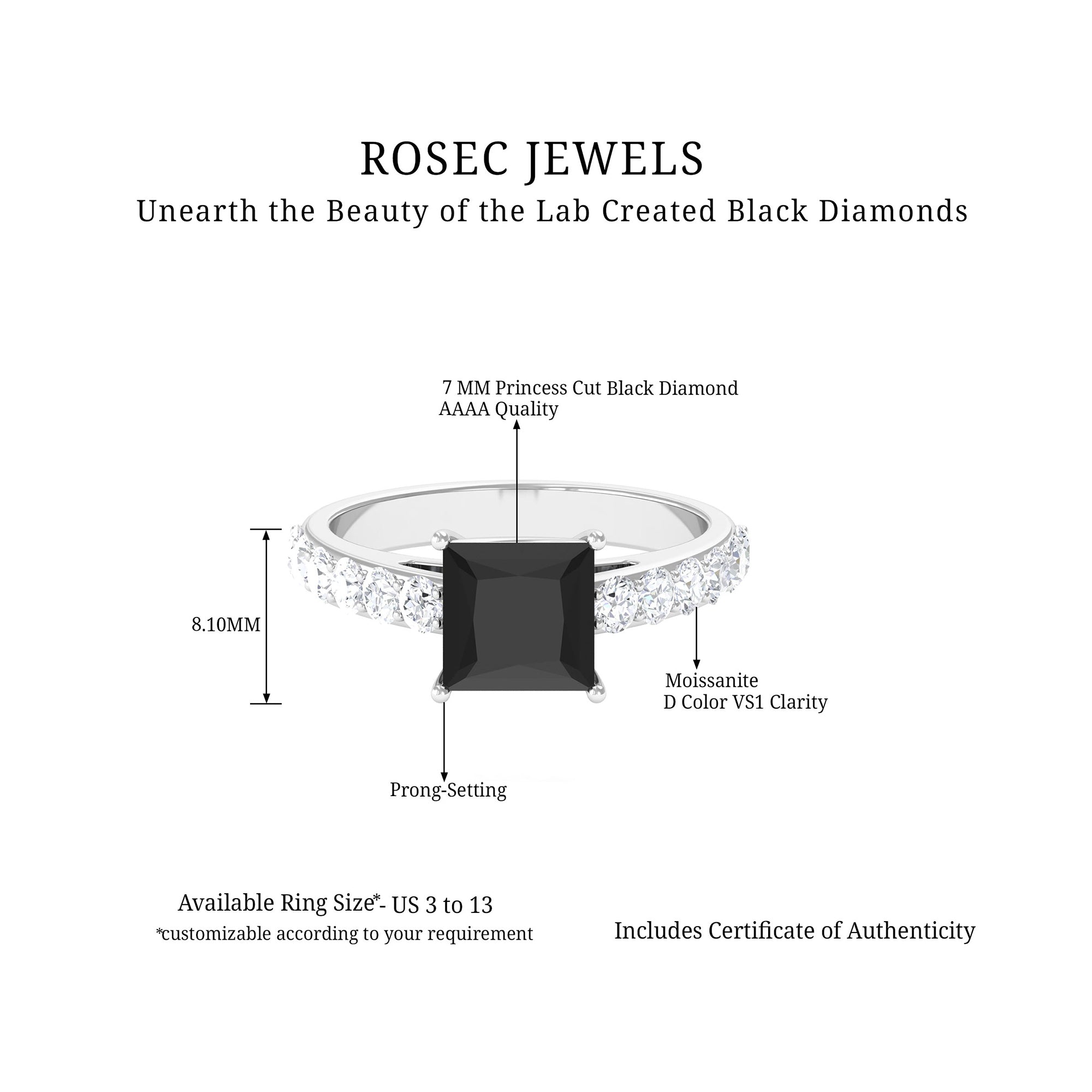 Lab Created Black Diamond Solitaire Ring with Moissanite Lab Created Black Diamond - ( AAAA ) - Quality - Rosec Jewels