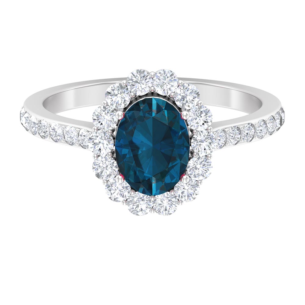 Oval Cut London Blue Topaz with Diamond Halo Ring London Blue Topaz - ( AAA ) - Quality - Rosec Jewels