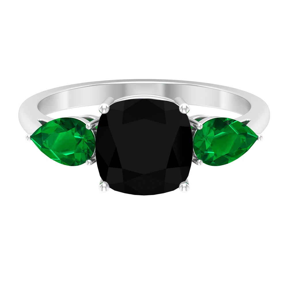 Cushion Cut Created Black Diamond Three Stone Ring Lab Created Black Diamond - ( AAAA ) - Quality - Rosec Jewels