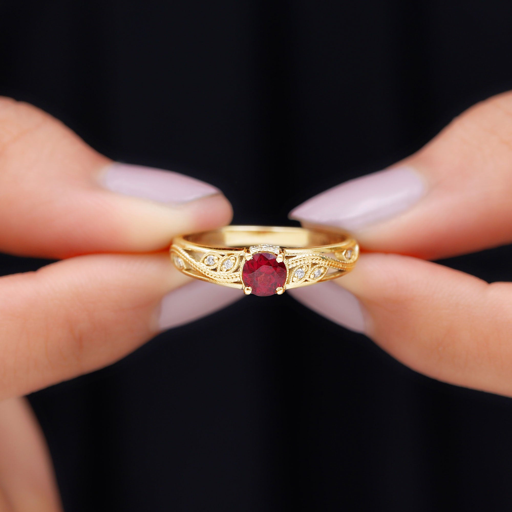 Rosec Jewels-3/4 CT Rhodolite Solitaire with Diamond Filigree Ring