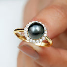 Natural Tahitian Pearl Solitaire with Diamond Halo Ring Tahitian pearl - ( AAA ) - Quality - Rosec Jewels