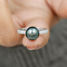 Round Tahitian Pearl Solitaire Ring with Diamond Side Stones Tahitian pearl - ( AAA ) - Quality - Rosec Jewels