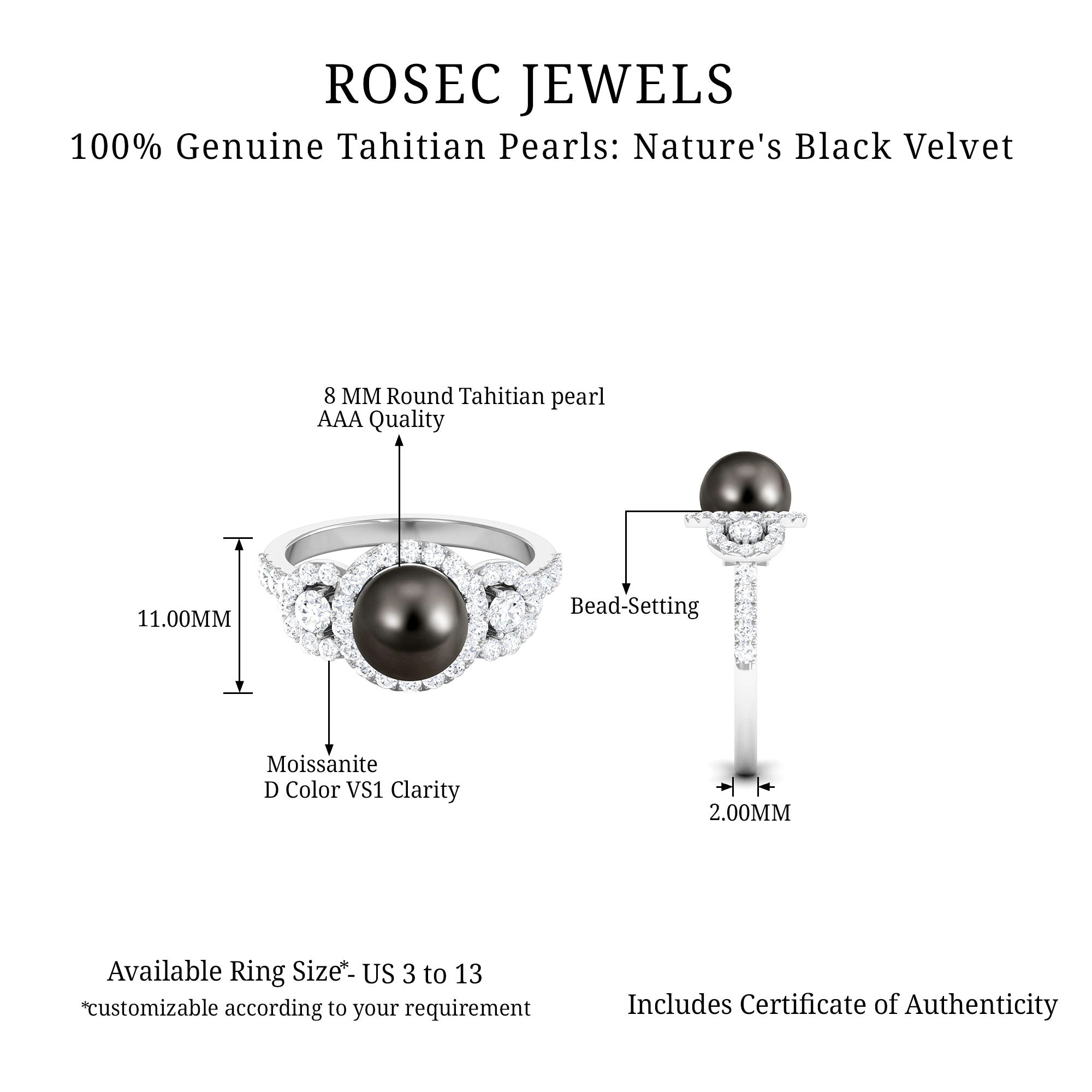 Tahitian Pearl Engagement Ring with Moissanite Accents Tahitian pearl - ( AAA ) - Quality - Rosec Jewels