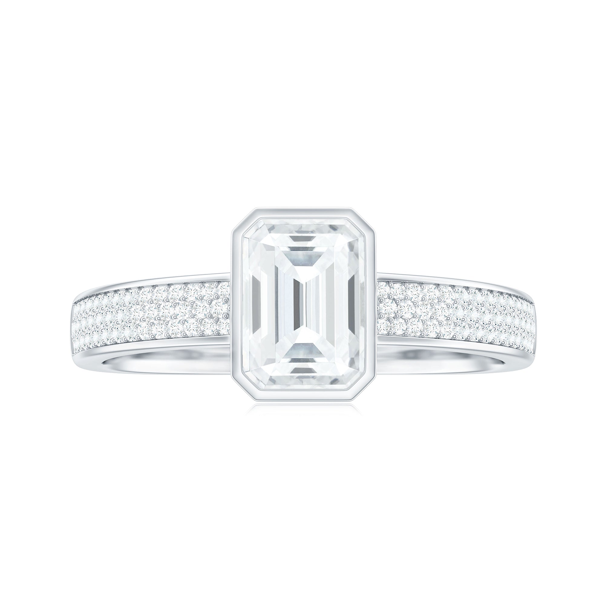 Emerald Cut Moissanite Solitaire Engagement Ring in Bezel Setting Moissanite - ( D-VS1 ) - Color and Clarity - Rosec Jewels