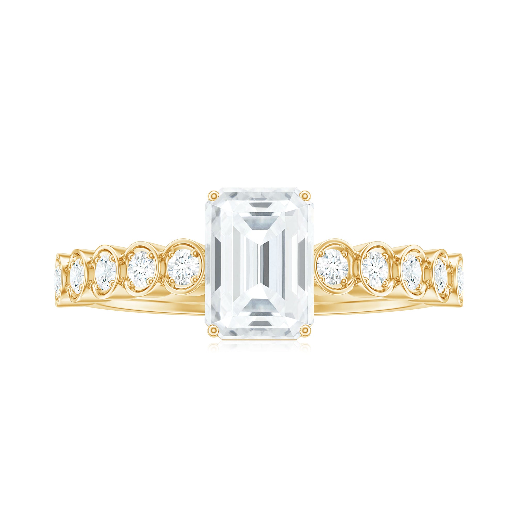 Emerald Cut Moissanite Solitaire Ring with Side Stones Moissanite - ( D-VS1 ) - Color and Clarity - Rosec Jewels