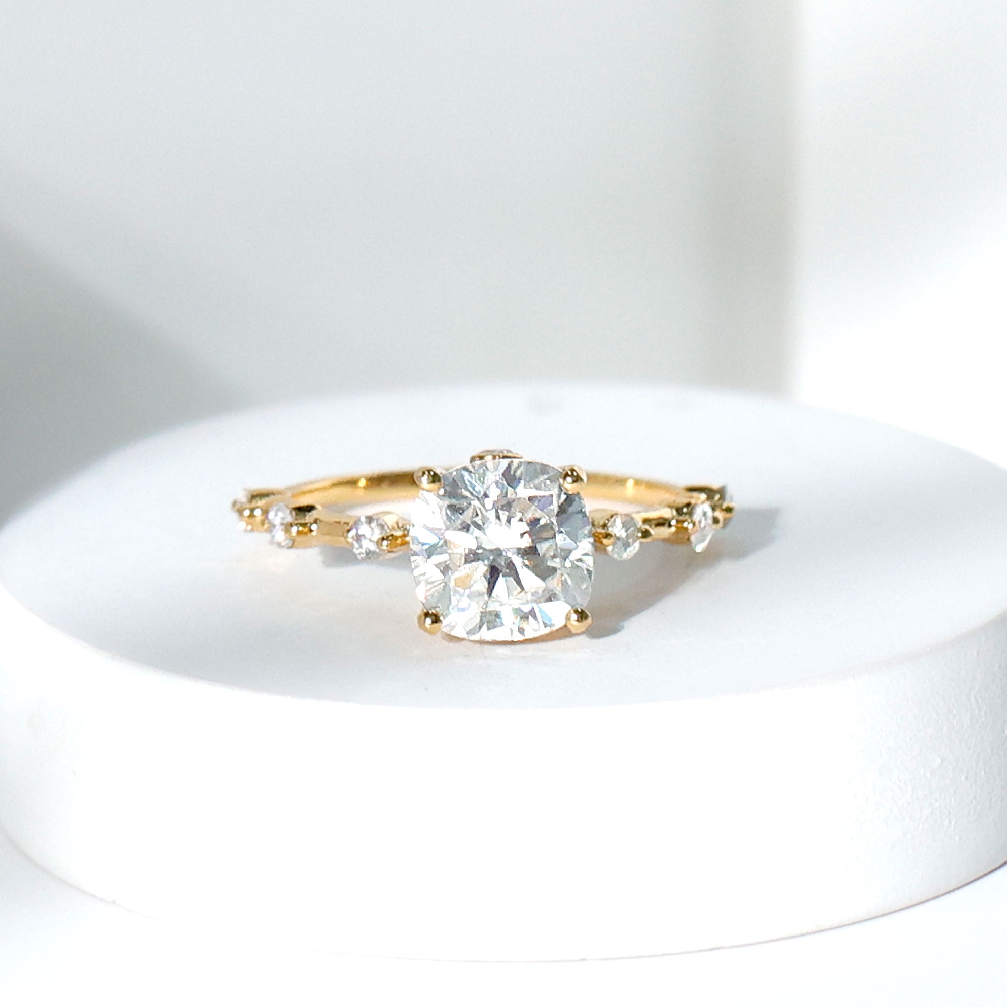 Large Cushion Cut Moissanite Solitaire Engagement Ring in Gold Moissanite - ( D-VS1 ) - Color and Clarity - Rosec Jewels