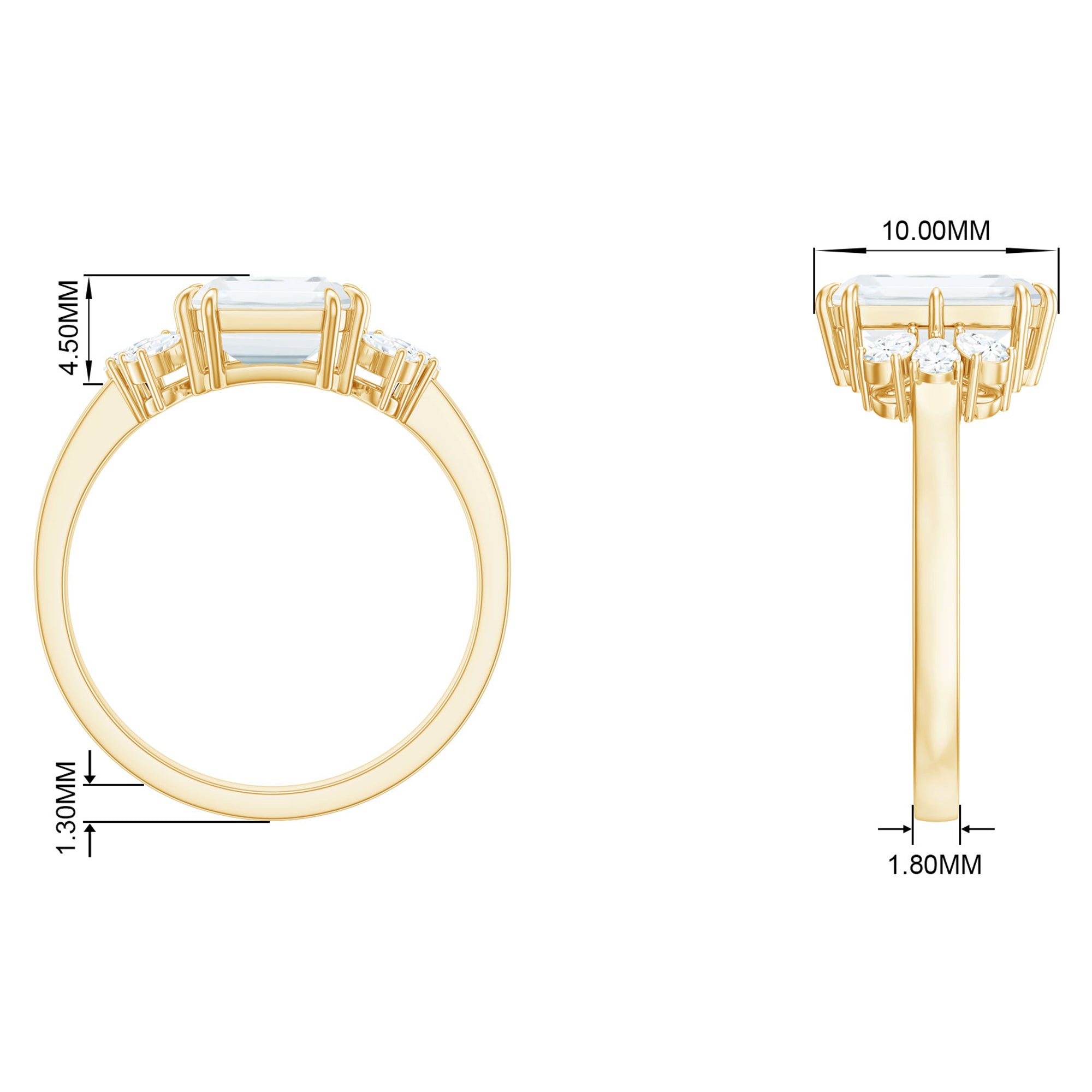 Emerald Cut Moissanite Solitaire Engagement Ring with Trio Moissanite - ( D-VS1 ) - Color and Clarity - Rosec Jewels