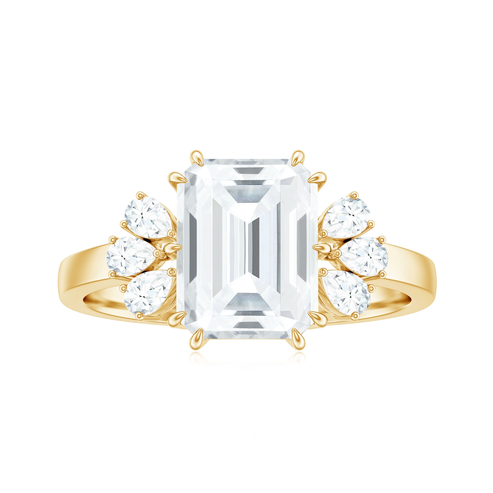 Emerald Cut Moissanite Solitaire Engagement Ring with Trio Moissanite - ( D-VS1 ) - Color and Clarity - Rosec Jewels