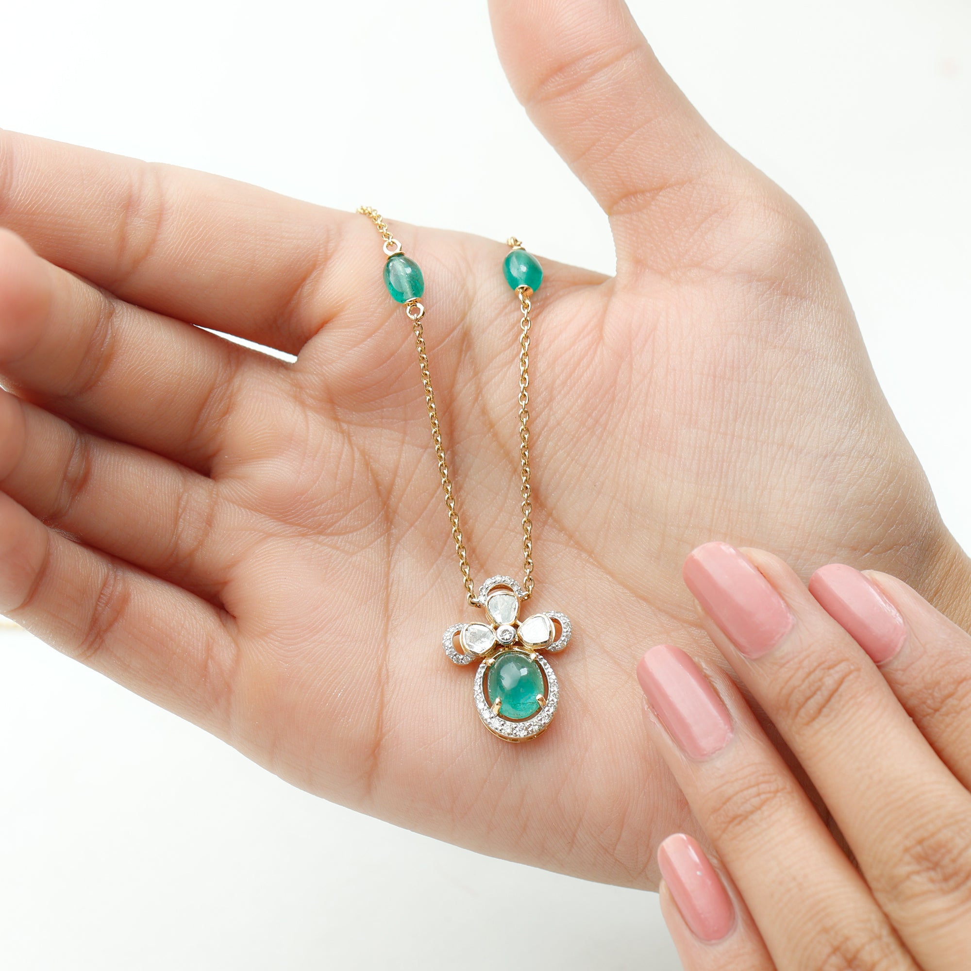 Diamond Polki and Emerald Flower Necklace - Rosec Jewels