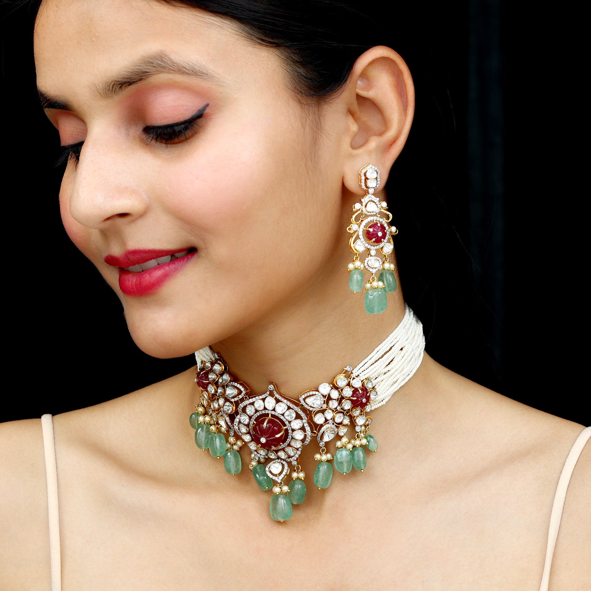 Designer Created Ruby and Polki Diamond Jewelry Set with Created Pearl and Beryl - Rosec Jewels