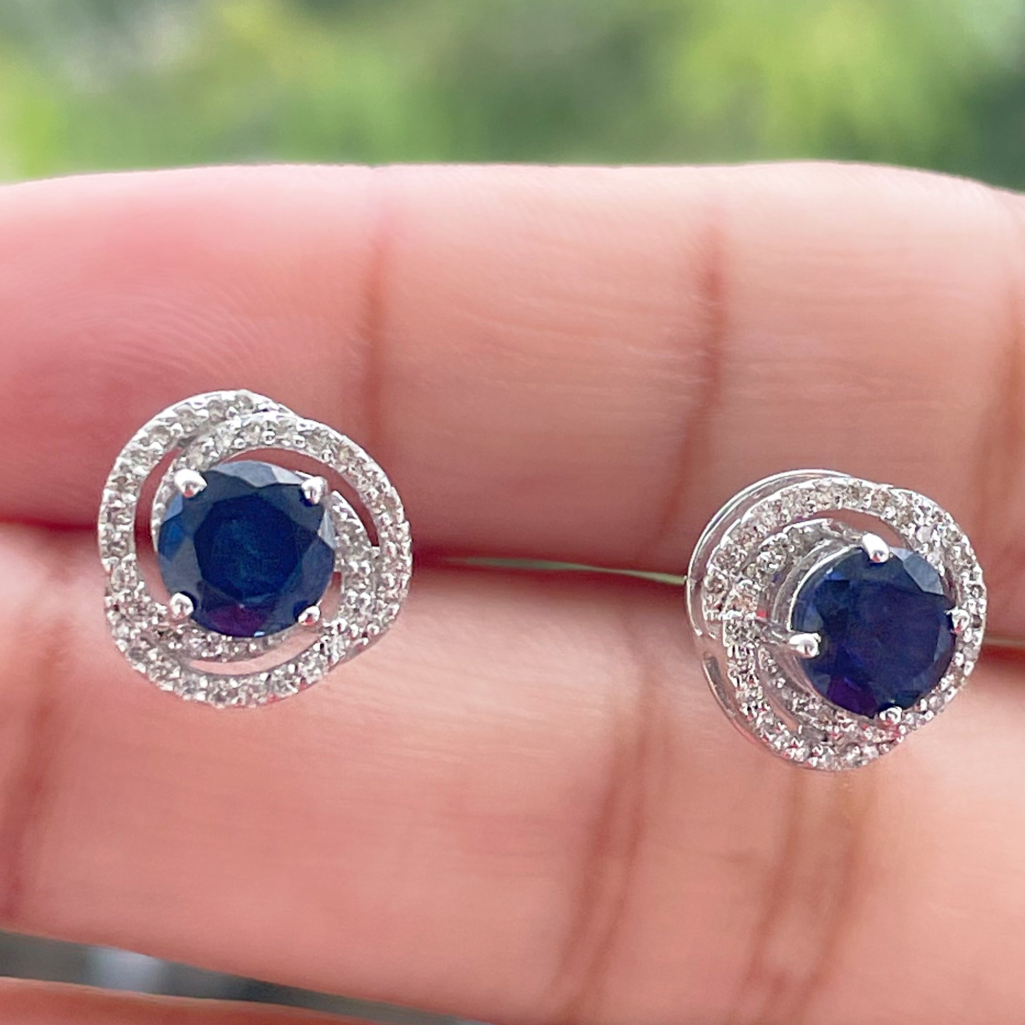 Created Blue Sapphire and Diamond Swirl Stud Earrings Lab Created Blue Sapphire - ( AAAA ) - Quality - Rosec Jewels