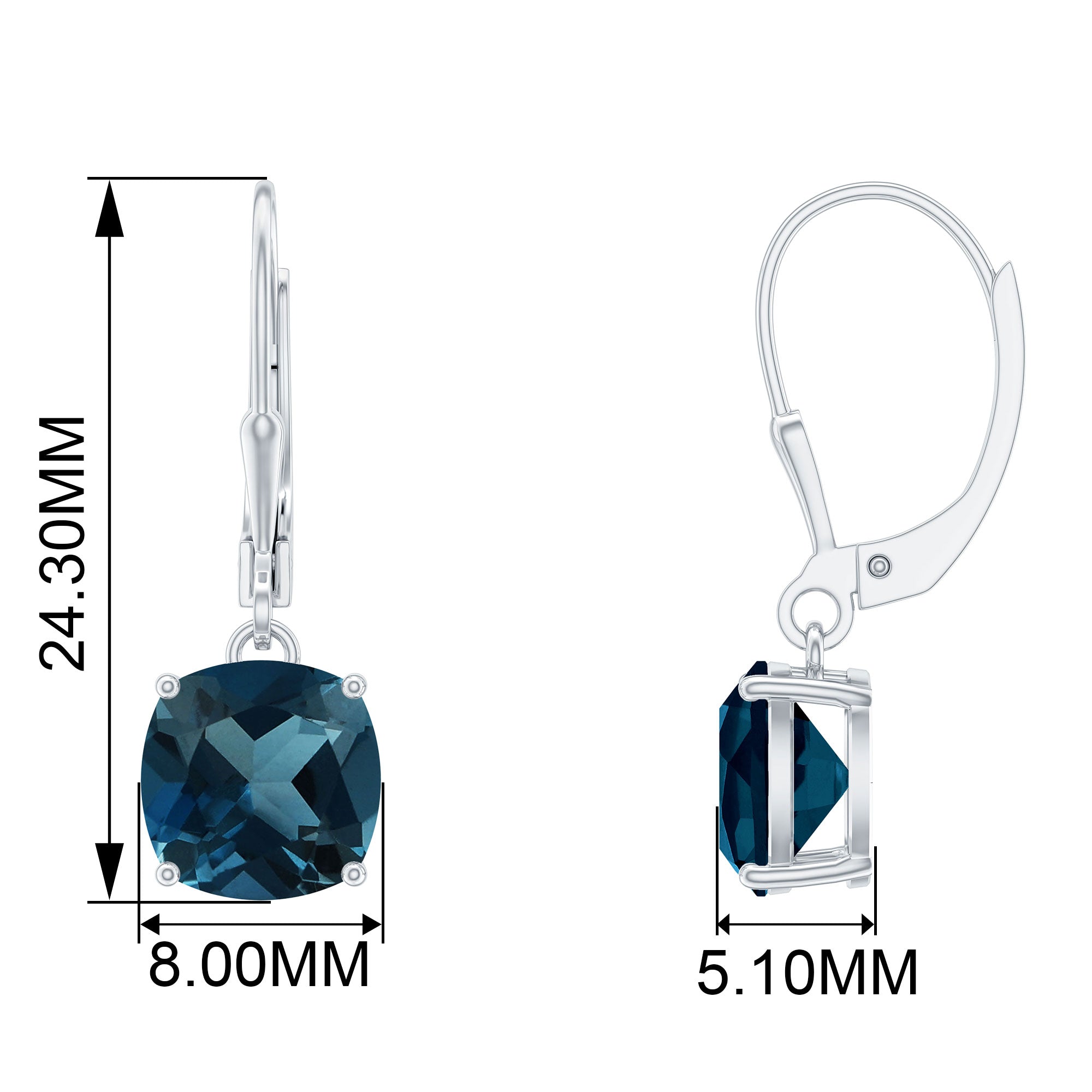 Cushion Cut London Blue Topaz Drop Lever Back Earrings London Blue Topaz - ( AAA ) - Quality - Rosec Jewels