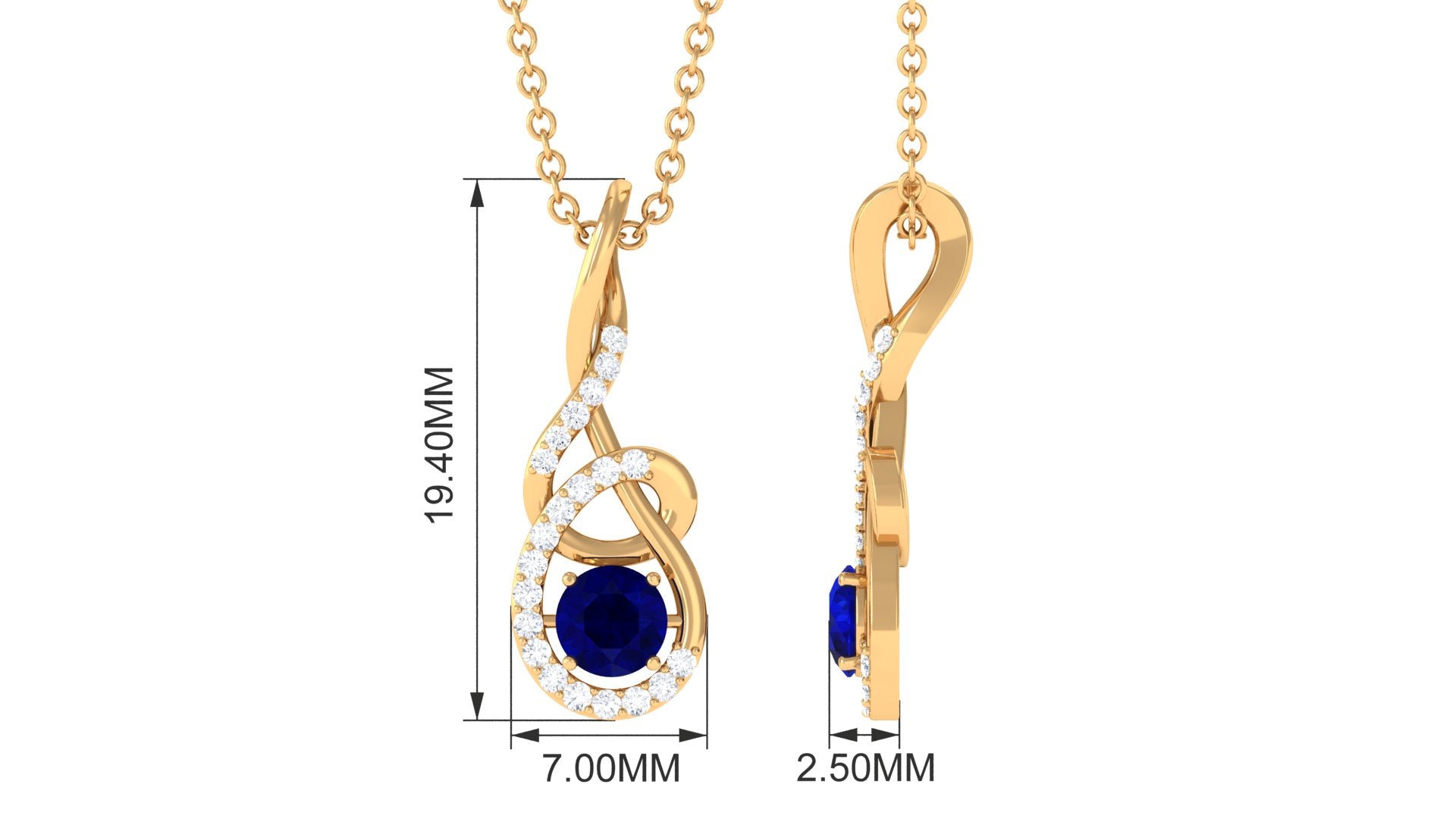 Designer Round Blue Sapphire and Diamond Twisted Drop Pendant Blue Sapphire - ( AAA ) - Quality - Rosec Jewels