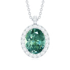 Oval Created Green Sapphire and Diamond Halo Pendant Lab Created Green Sapphire - ( AAAA ) - Quality - Rosec Jewels