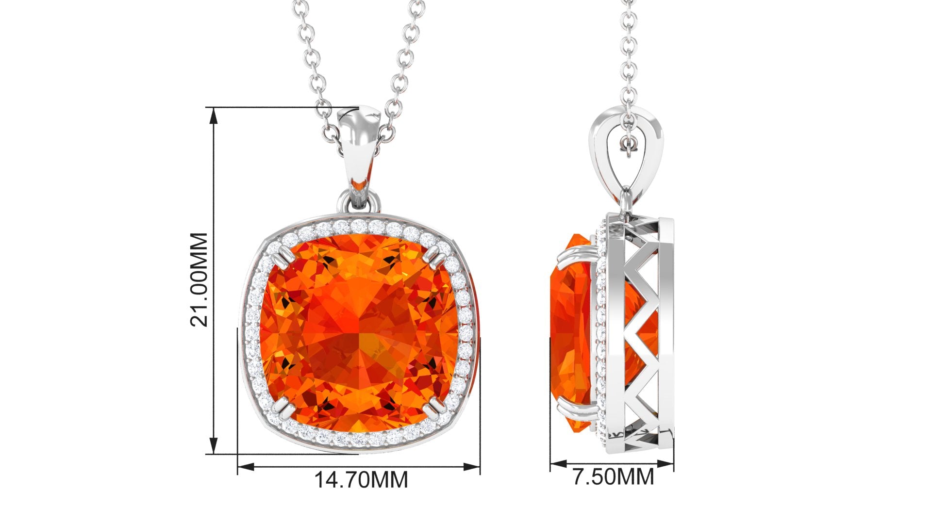 Created Orange Sapphire and Moissanite Halo Pendant Necklace Lab Created Orange Sapphire - ( AAAA ) - Quality - Rosec Jewels