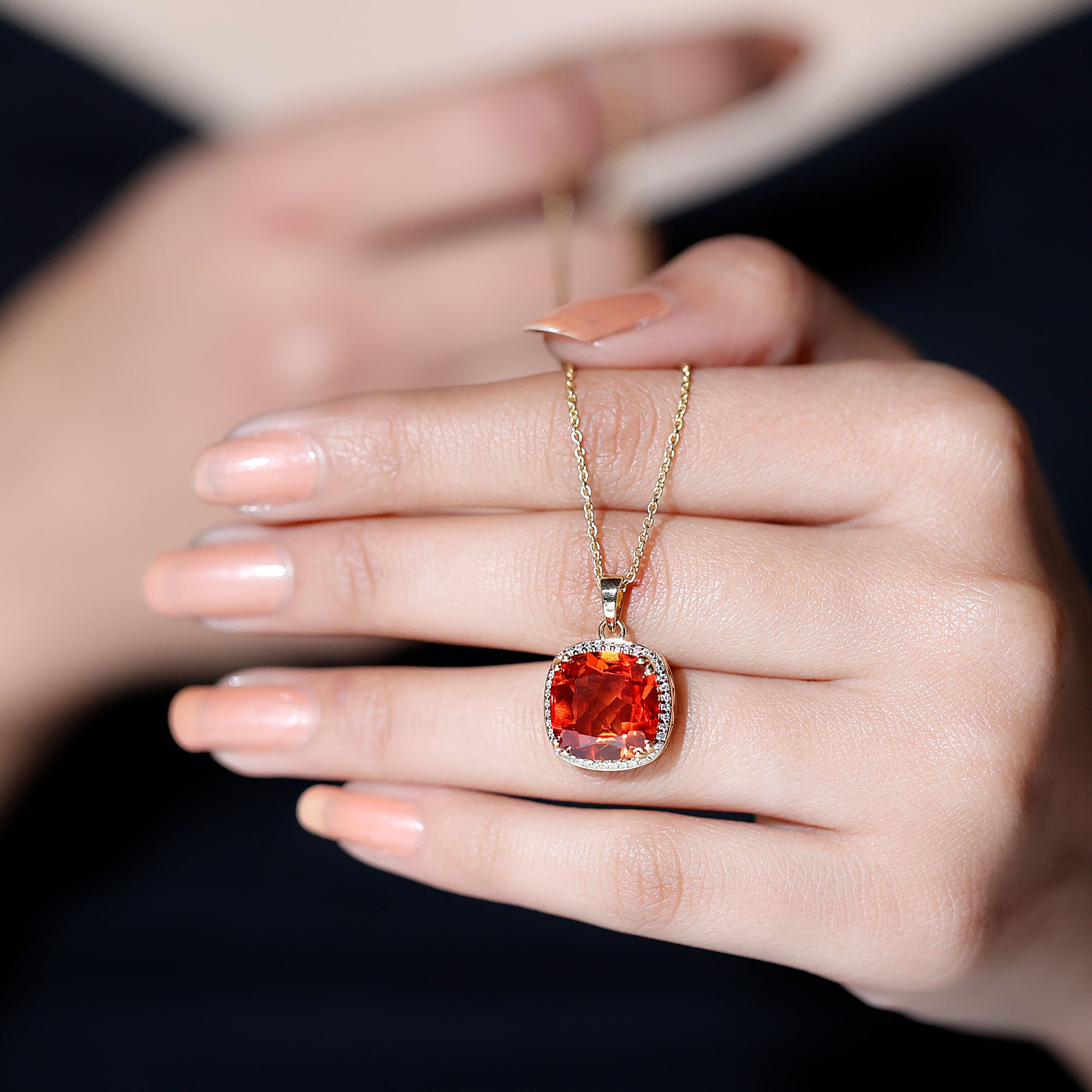 Created Orange Sapphire and Moissanite Halo Pendant Necklace Lab Created Orange Sapphire - ( AAAA ) - Quality - Rosec Jewels