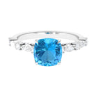 8 MM Cushion Cut Swiss Blue Topaz Solitaire with Moissanite Side Stone Ring Swiss Blue Topaz - ( AAA ) - Quality - Rosec Jewels