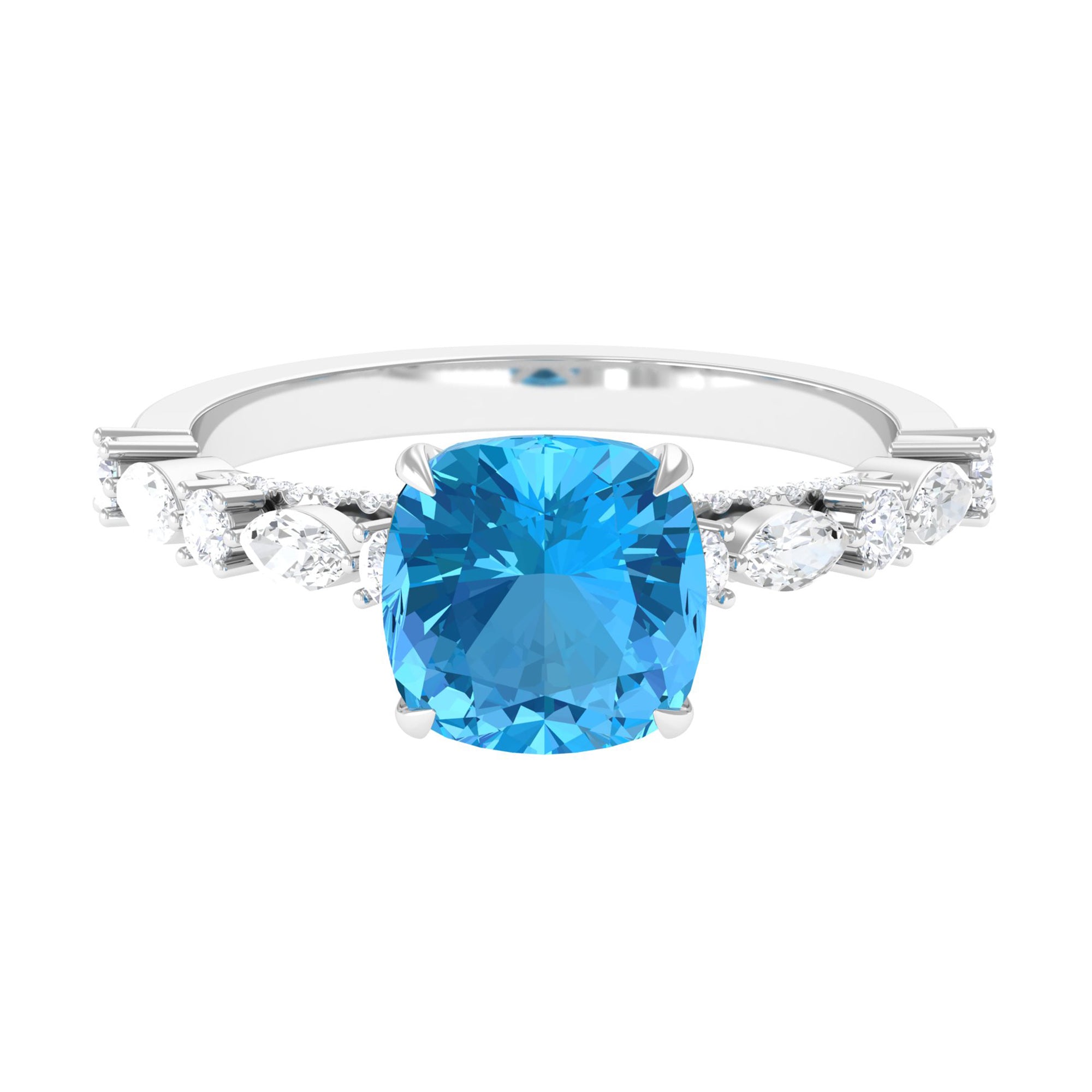 8 MM Cushion Cut Swiss Blue Topaz Solitaire with Moissanite Side Stone Ring Swiss Blue Topaz - ( AAA ) - Quality - Rosec Jewels