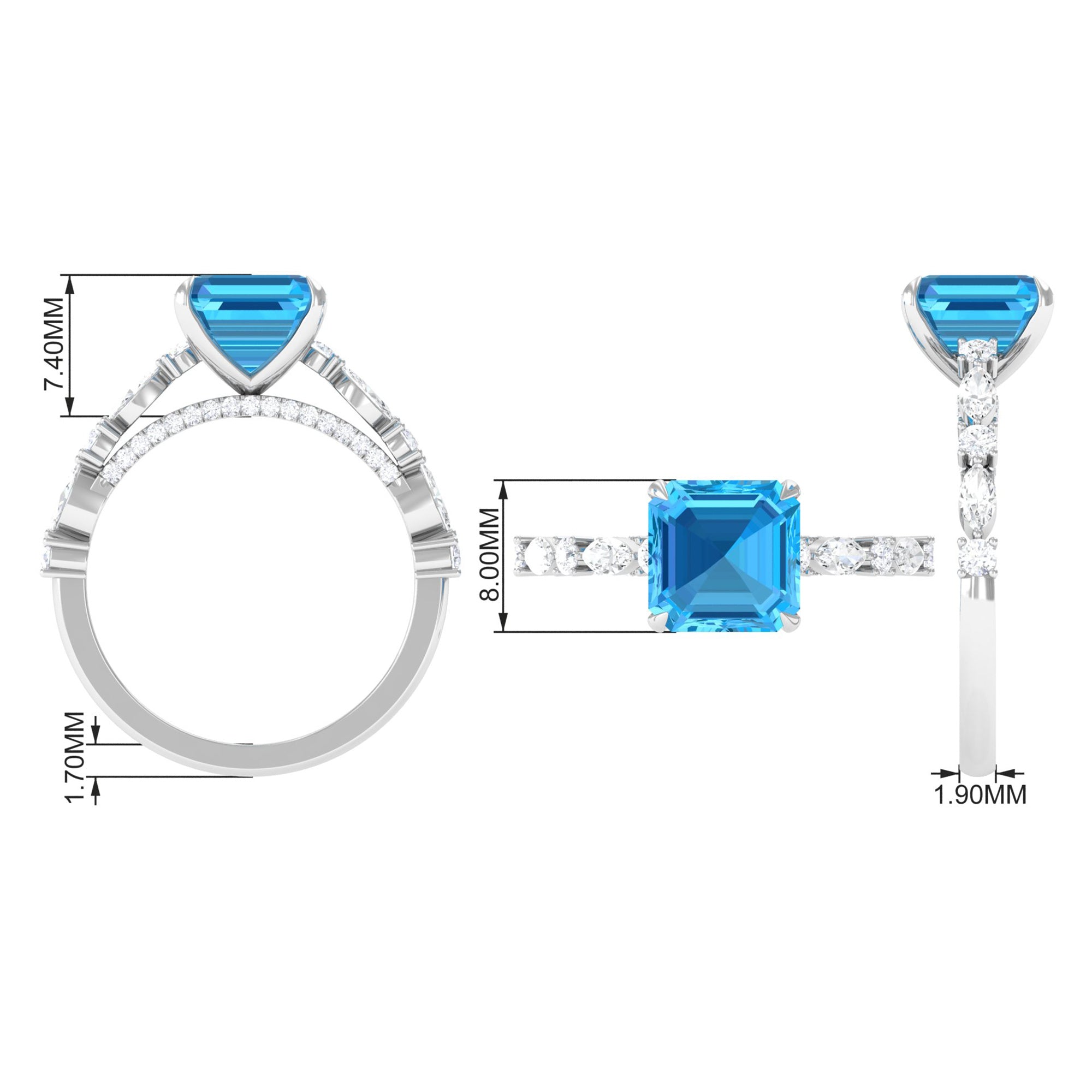 4 CT Asscher Cut Swiss Blue Topaz Solitaire Ring with Moissanite Swiss Blue Topaz - ( AAA ) - Quality - Rosec Jewels