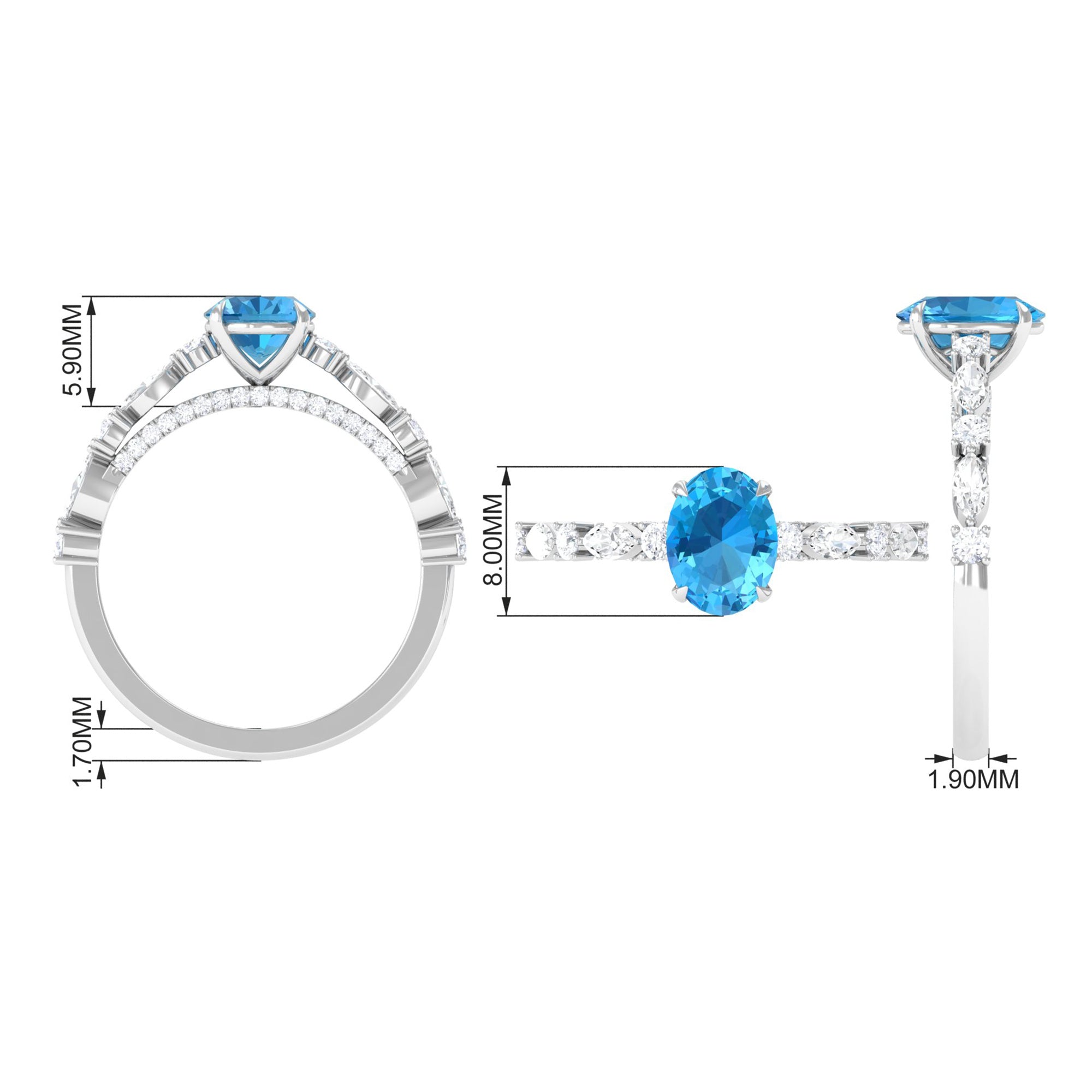 2 CT Oval Cut Swiss Blue Topaz Solitaire Engagement Ring with Moissanite Swiss Blue Topaz - ( AAA ) - Quality - Rosec Jewels