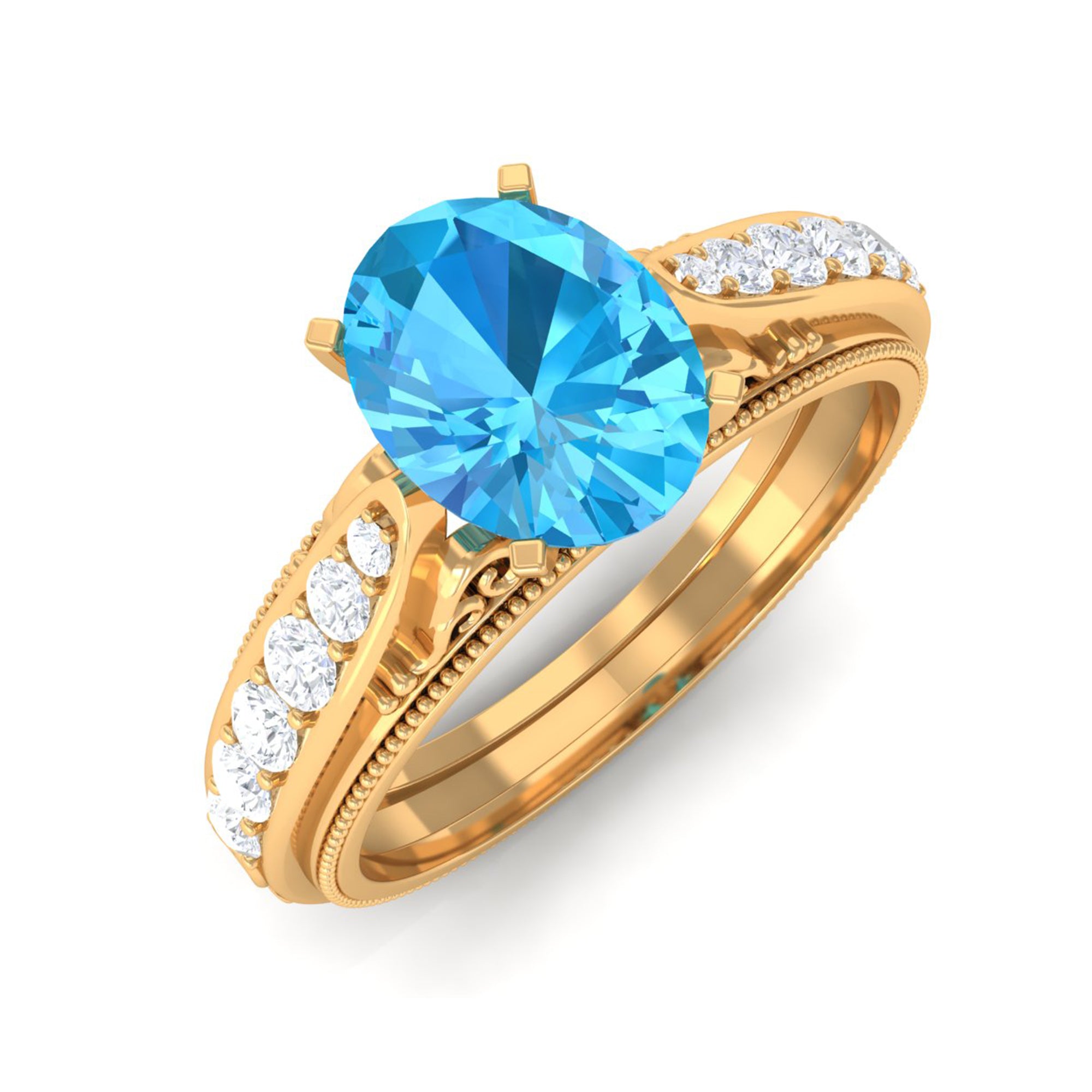 8X6 MM Oval Cut Swiss Blue Topaz Solitaire and Diamond Side Stone Ring Swiss Blue Topaz - ( AAA ) - Quality - Rosec Jewels