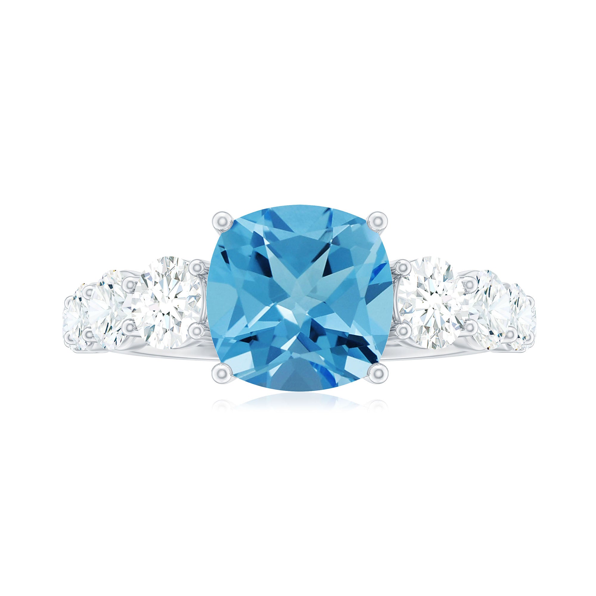 Cushion Cut Swiss Blue Topaz Solitaire and Moissanite Side Stone Engagement Ring Swiss Blue Topaz - ( AAA ) - Quality - Rosec Jewels