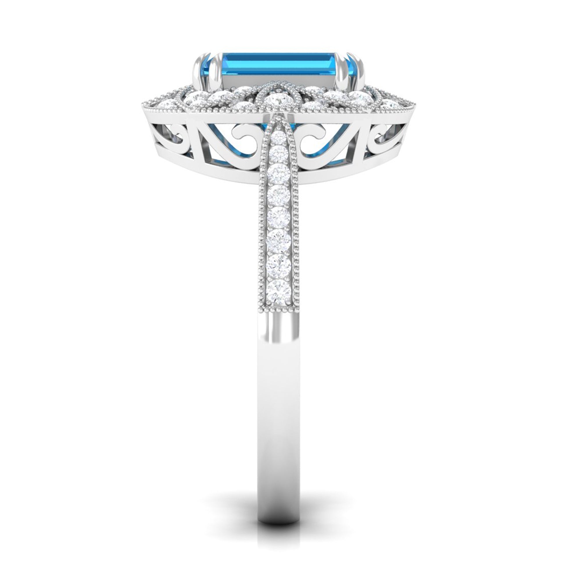 6X8 MM Emerald Cut Swiss Blue Topaz Solitaire with Diamond Vintage Ring Swiss Blue Topaz - ( AAA ) - Quality - Rosec Jewels