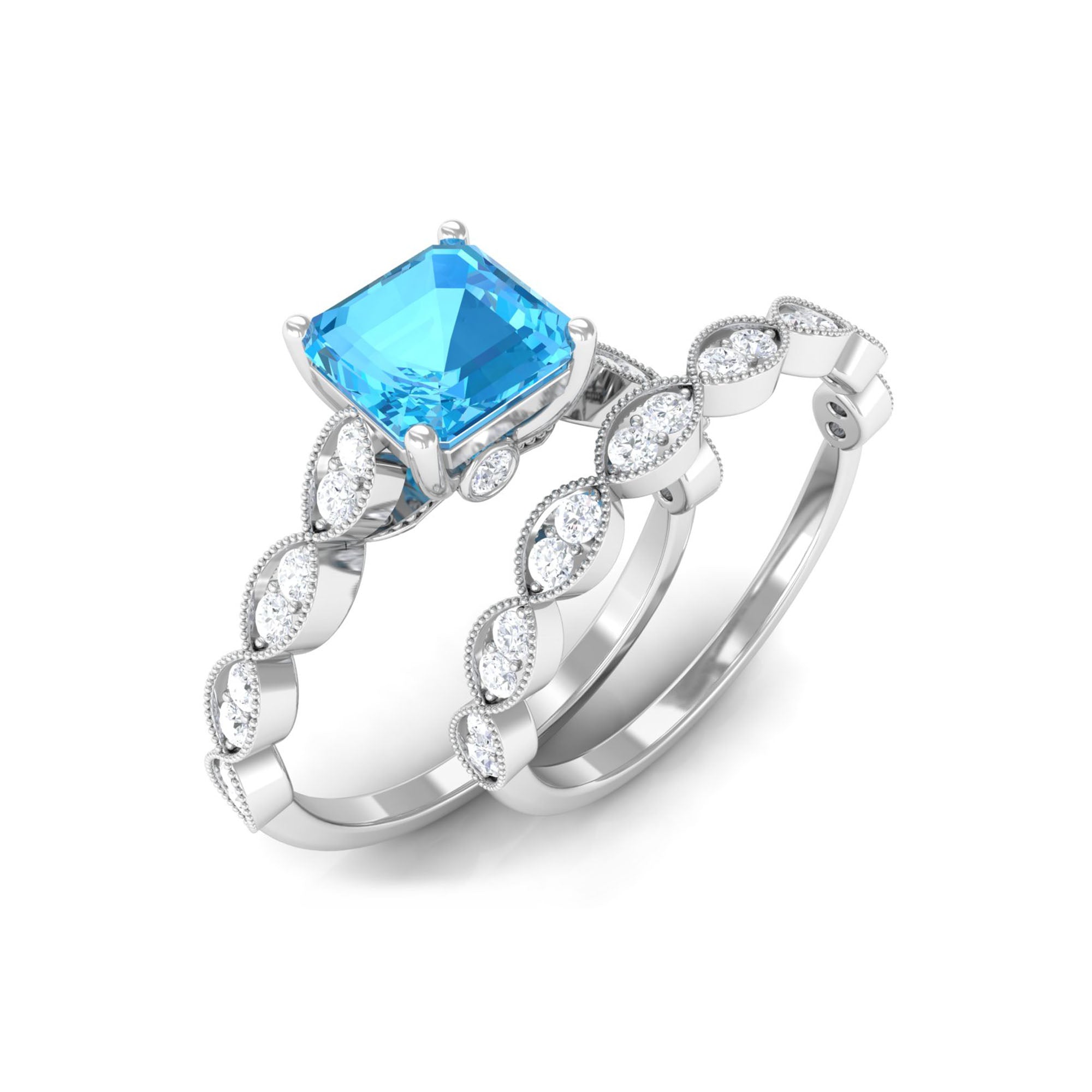 Swiss Blue Topaz Wedding Ring Set with Moissanite Swiss Blue Topaz - ( AAA ) - Quality - Rosec Jewels