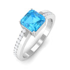 6 MM Two Tone Asscher Cut Swiss Blue Topaz Solitaire with Diamond Side Stone Ring Swiss Blue Topaz - ( AAA ) - Quality - Rosec Jewels