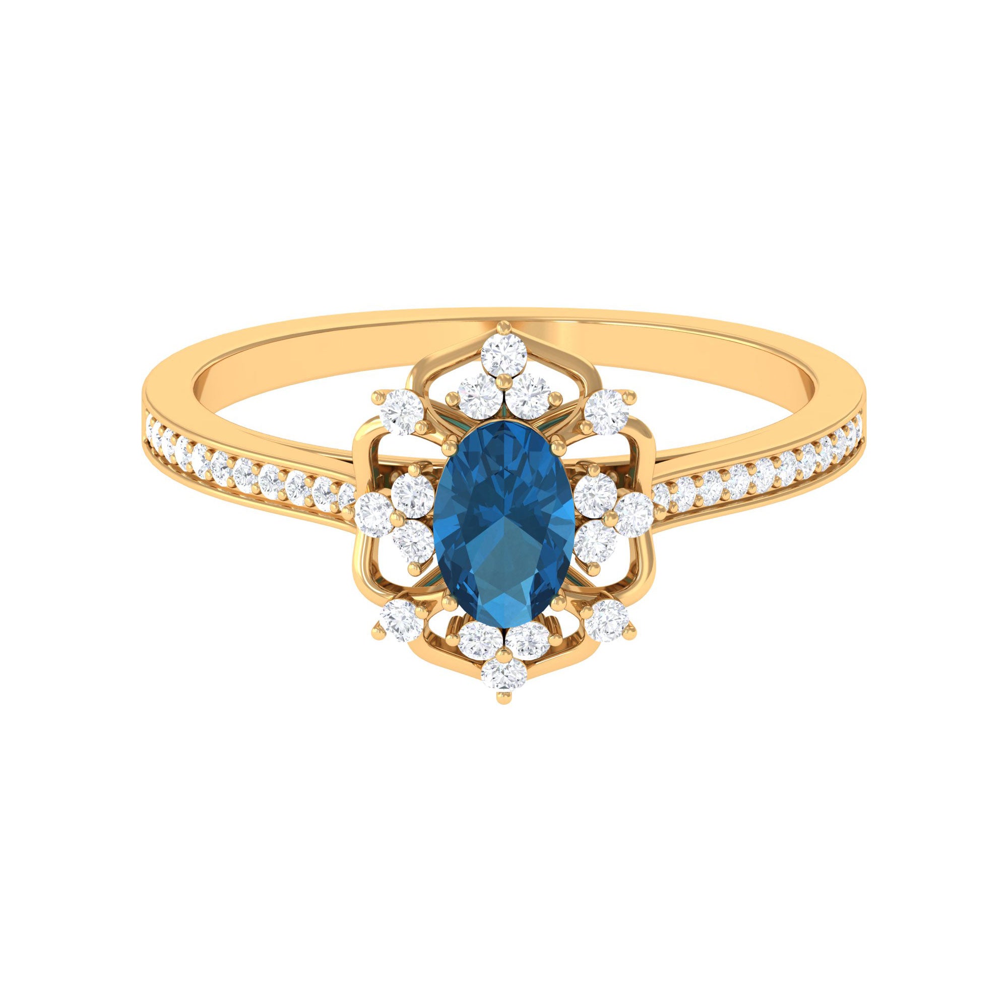 Vintage Style London Blue Topaz and Diamond Flower Engagement Ring London Blue Topaz - ( AAA ) - Quality - Rosec Jewels