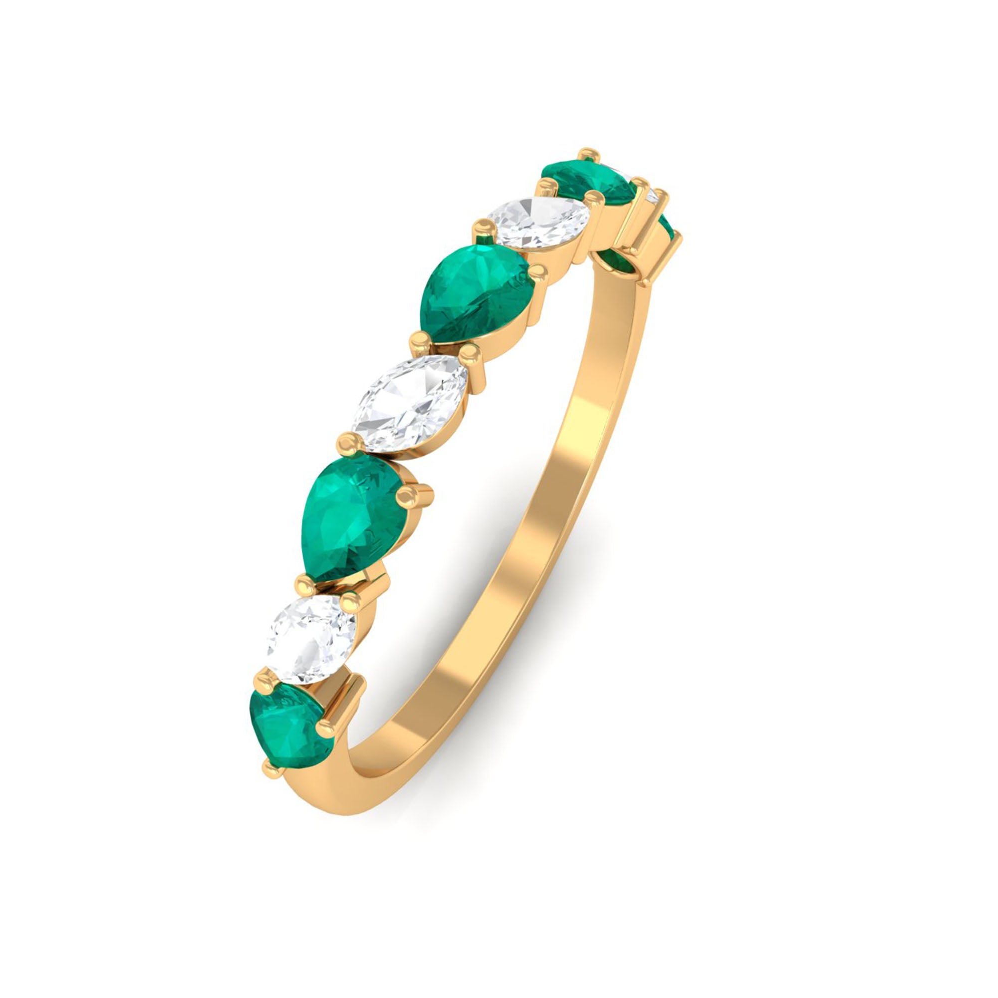 Emerald and Moissanite Half Eternity Ring in Prong Setting Emerald - ( AAA ) - Quality - Rosec Jewels