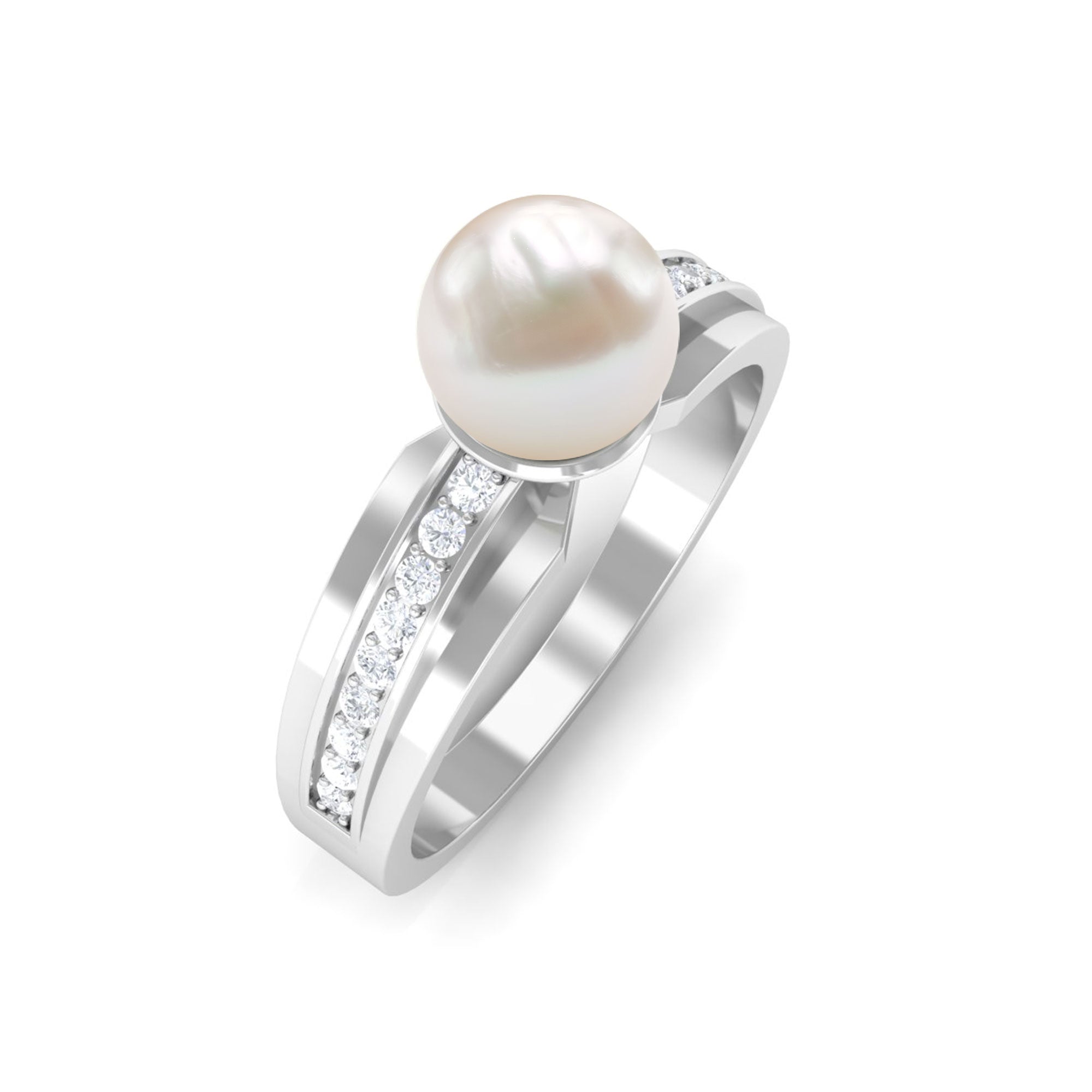 2.50 CT Freshwater Pearl Solitaire Ring with Diamond Side Stones Freshwater Pearl - ( AAA ) - Quality - Rosec Jewels