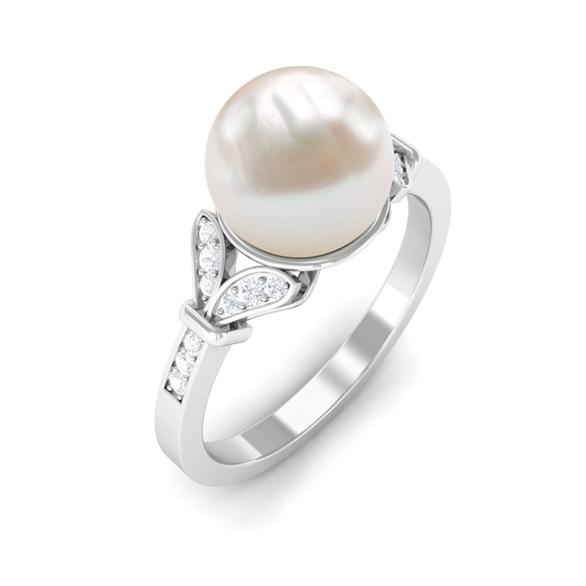 Bead Set Freshwater Pearl Solitaire Split Shank Ring with Diamond Freshwater Pearl - ( AAA ) - Quality - Rosec Jewels