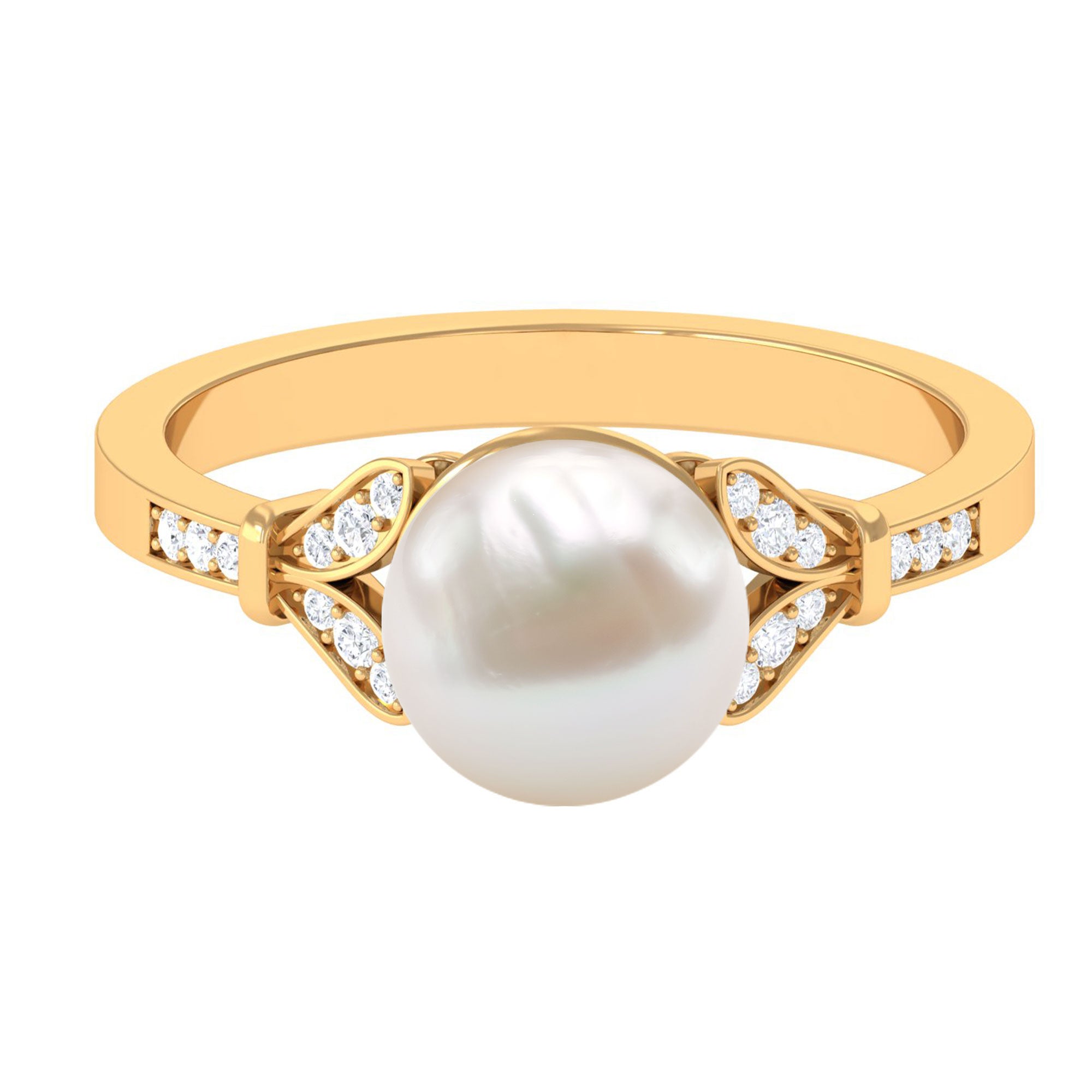 Bead Set Freshwater Pearl Solitaire Split Shank Ring with Diamond Freshwater Pearl - ( AAA ) - Quality - Rosec Jewels