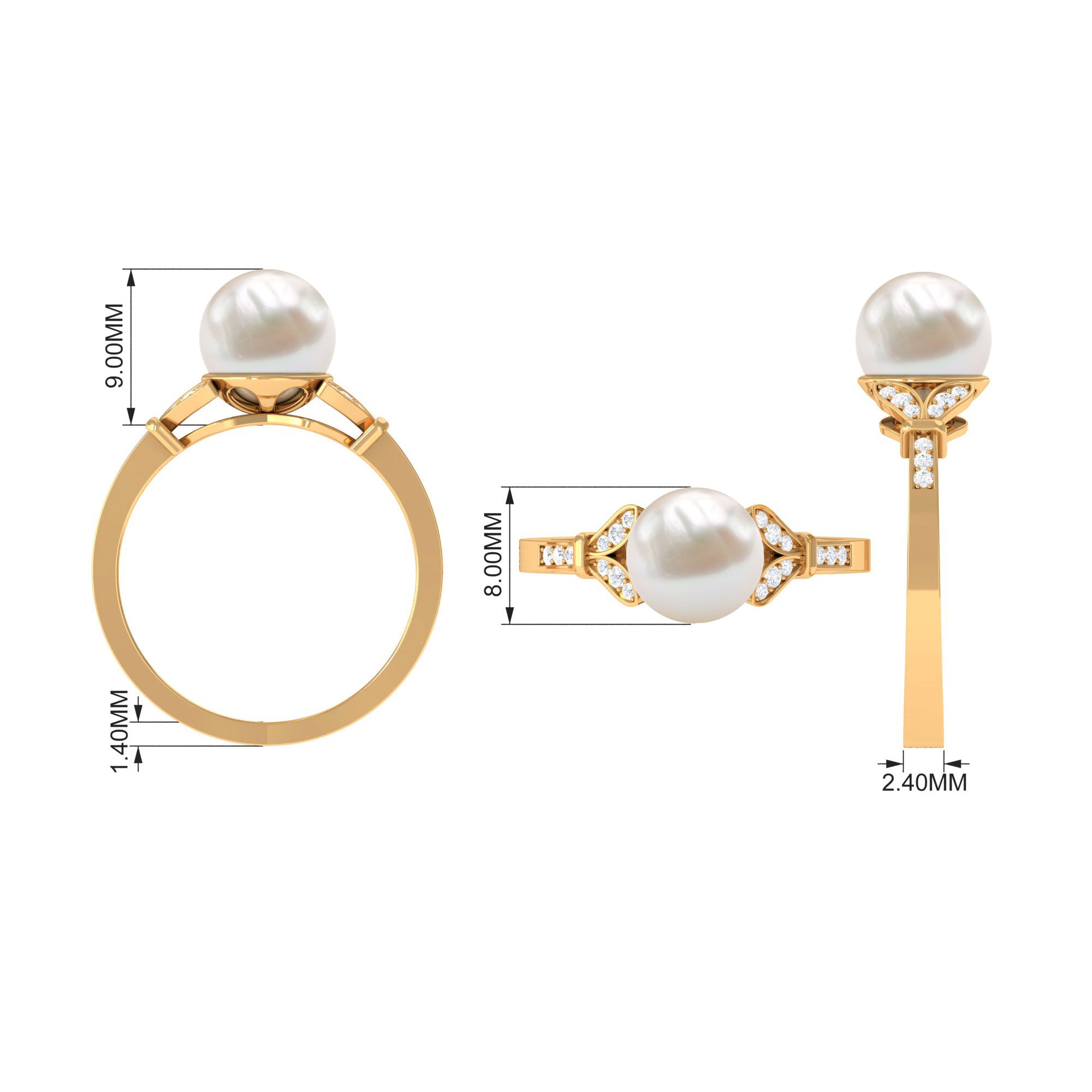 Bead Set Freshwater Pearl Solitaire Split Shank Ring with Diamond Freshwater Pearl - ( AAA ) - Quality - Rosec Jewels