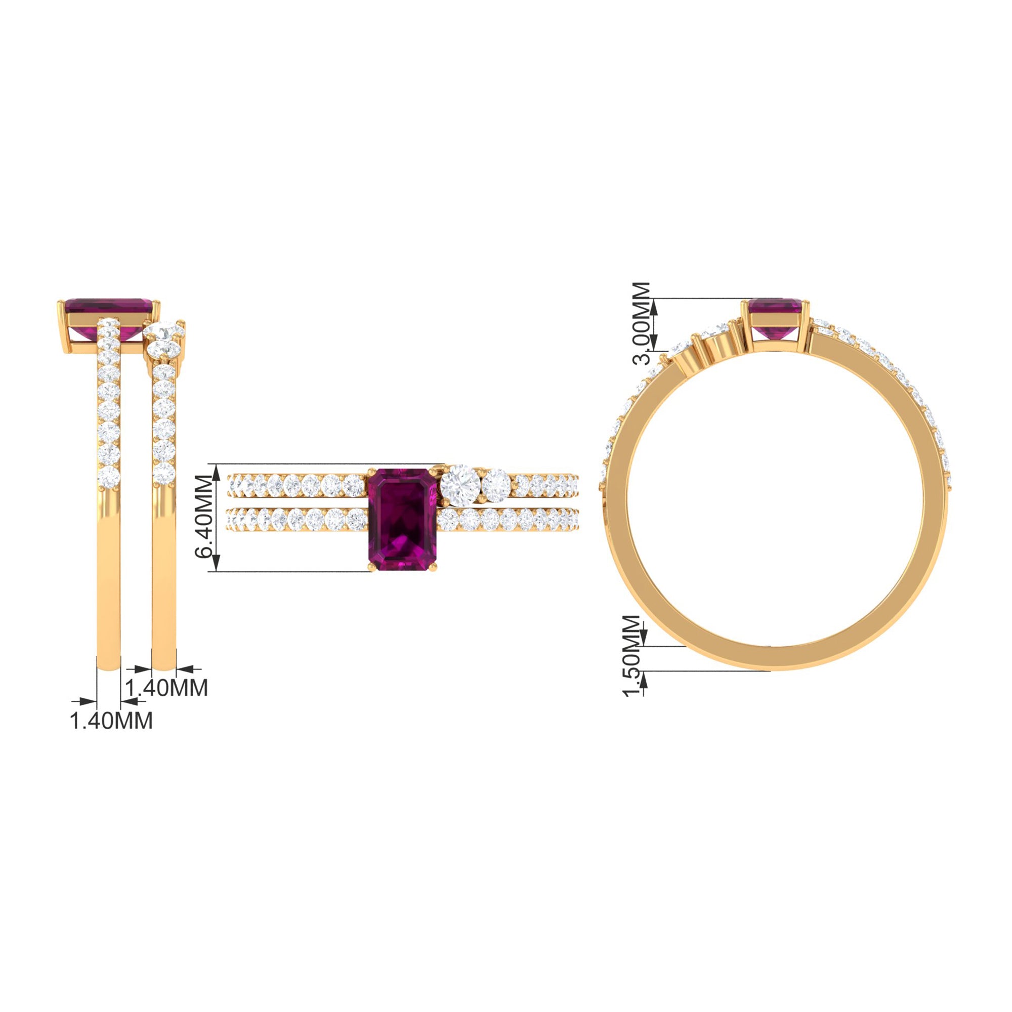 2.75 CT Emerald Cut Rhodolite and Diamond Stackable Ring Set Rhodolite - ( AAA ) - Quality - Rosec Jewels